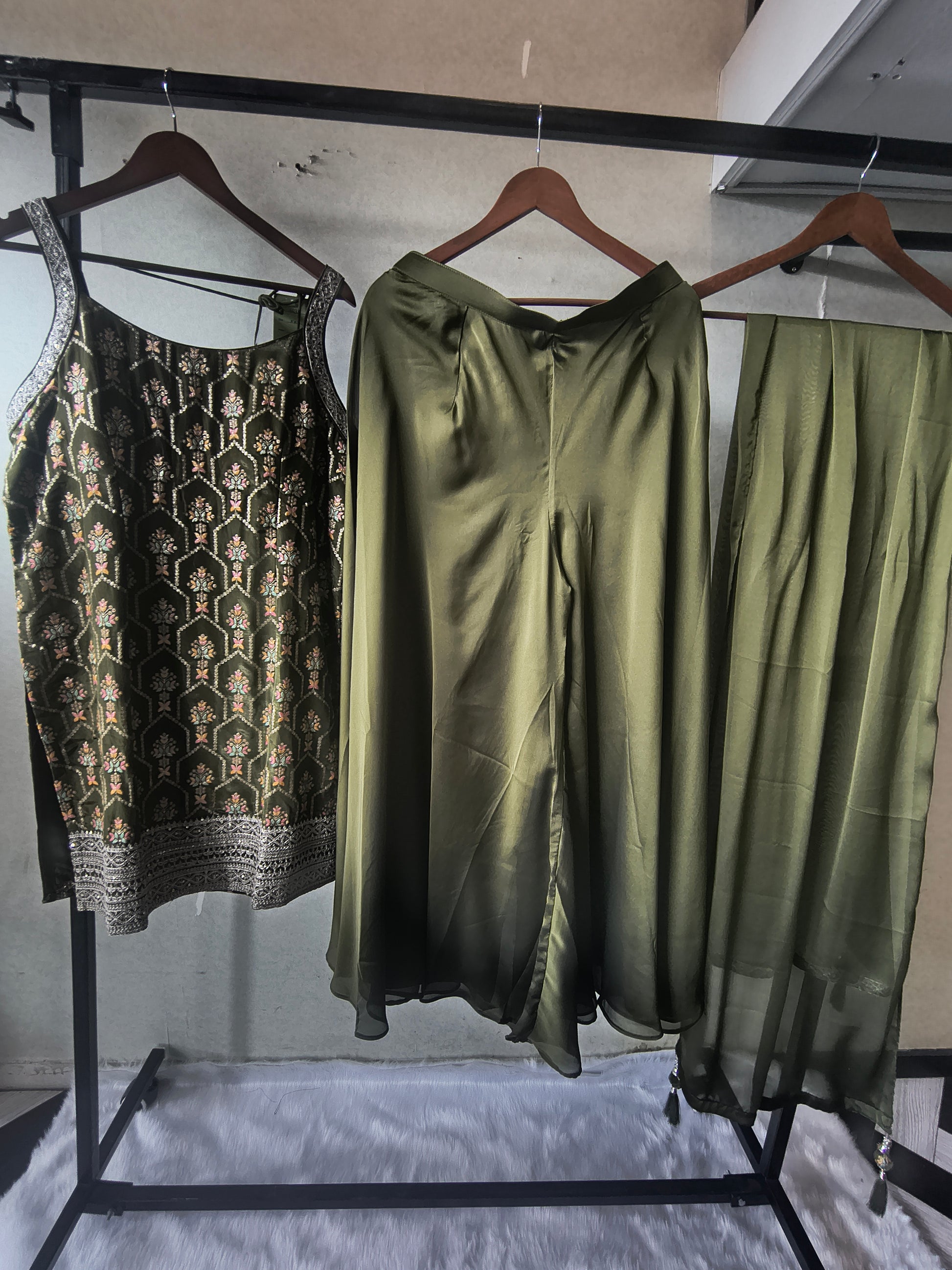 Olive Green Printed Sharara Set with Embroidered Border & Dupatta – Premium 3 Piece Festive Ensemble