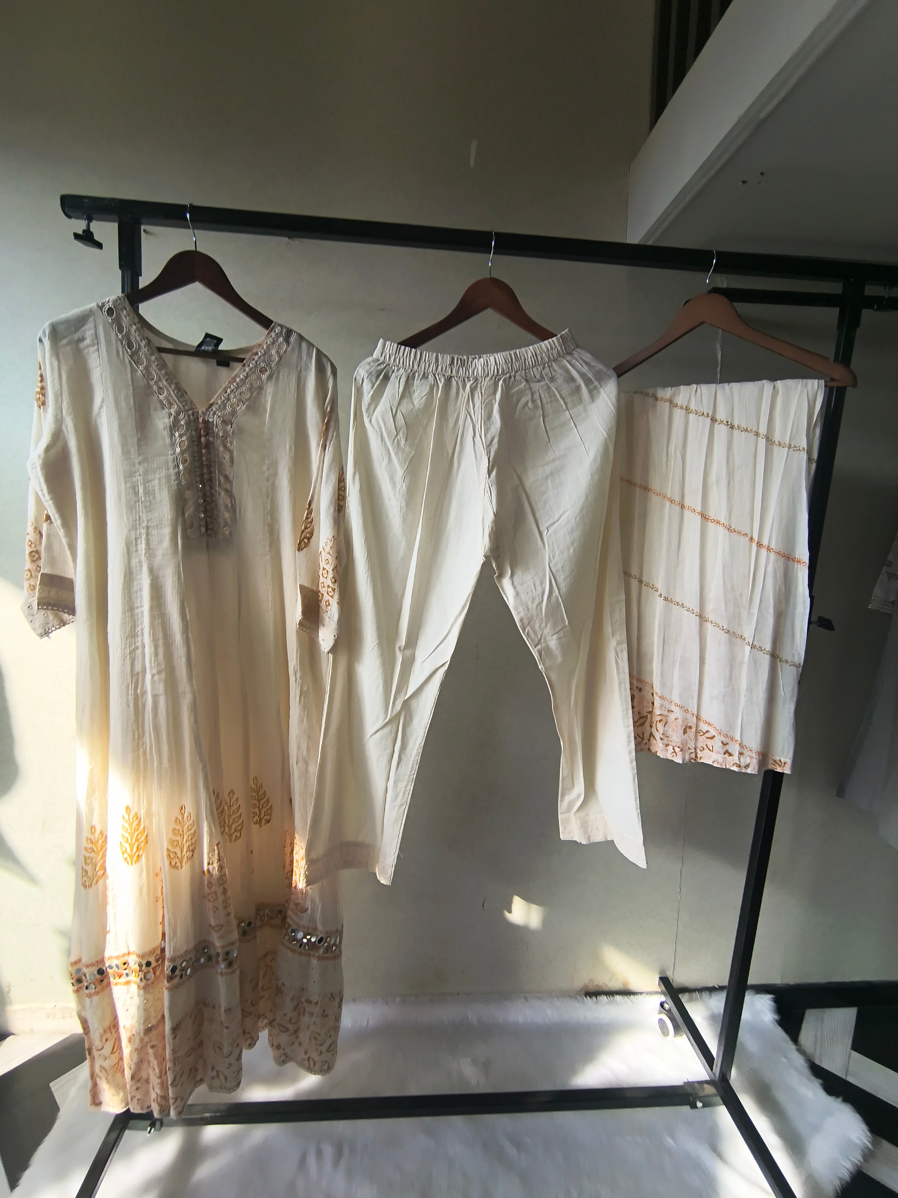 Image of Premium Ivory Embroidered Anarkali Kurta Set with Mirror Work & Cotton Dupatta