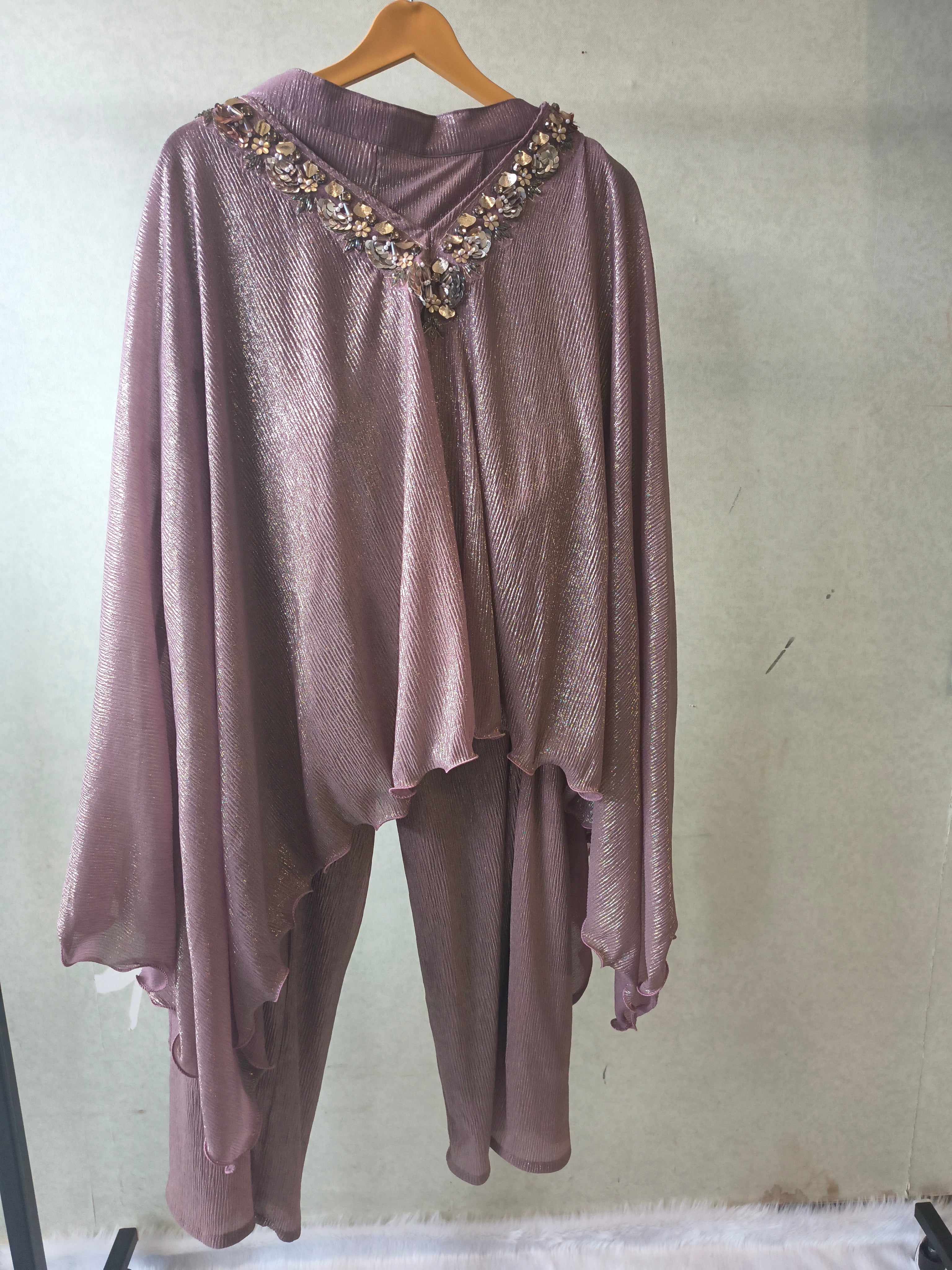 Image of Premium Rose Gold Shimmer Kaftan Co-Ord Set with Hand Embellished Cape & Straight Pants