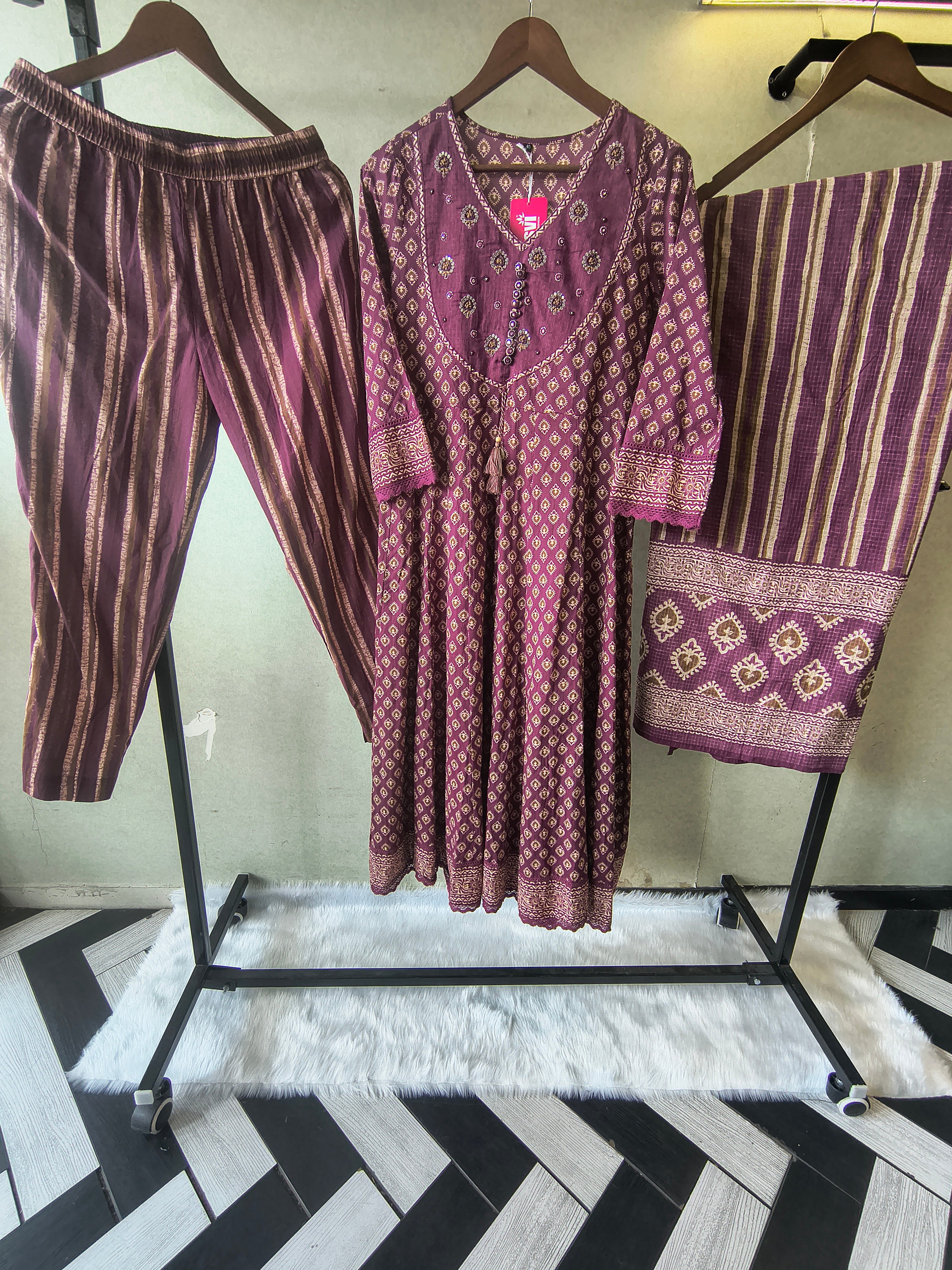 Image of Plum Printed Cotton Anarkali Suit Set with Striped Pants & Dupatta