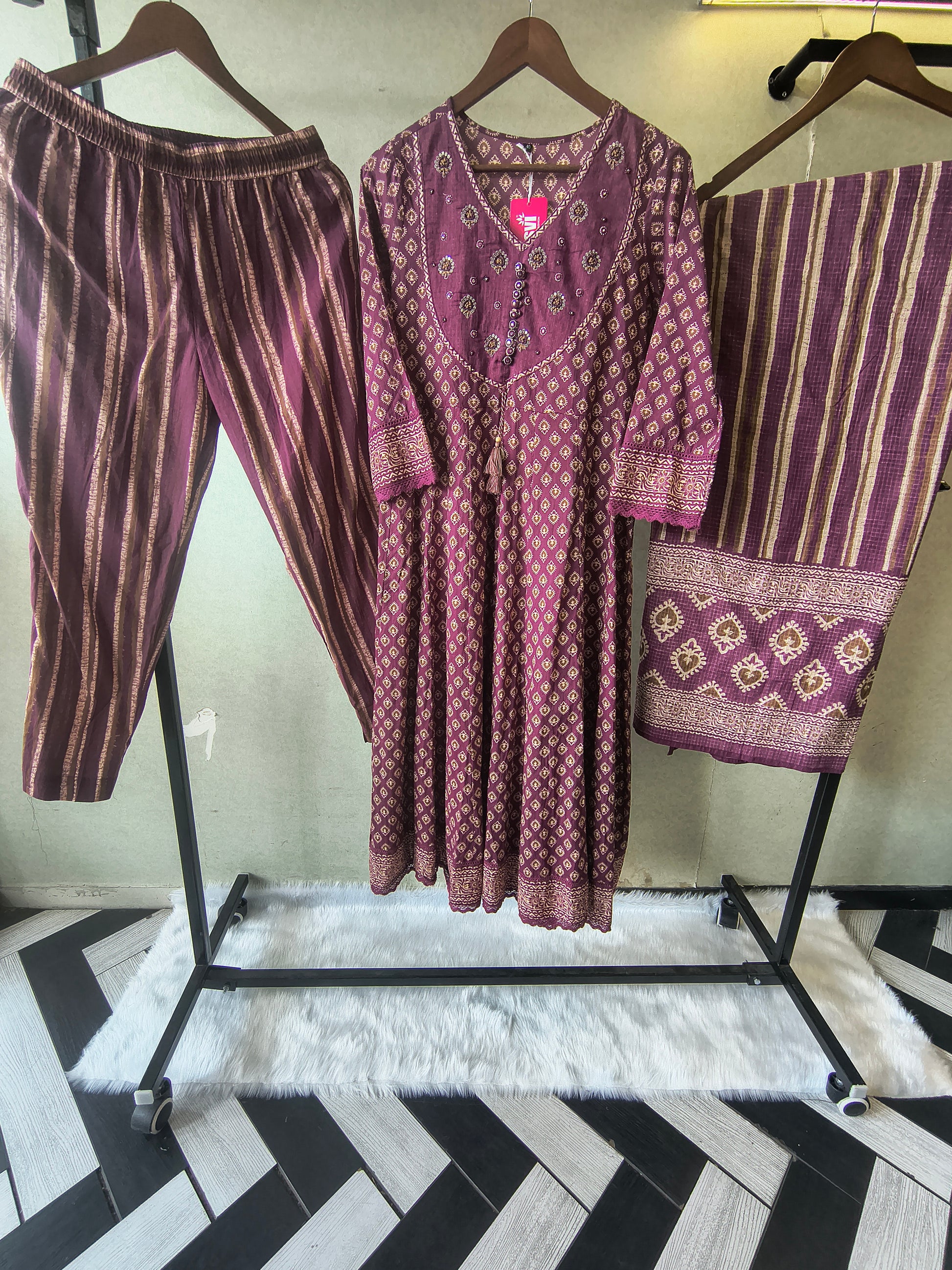 Plum Printed Cotton Anarkali Suit Set with Striped Pants & Dupatta