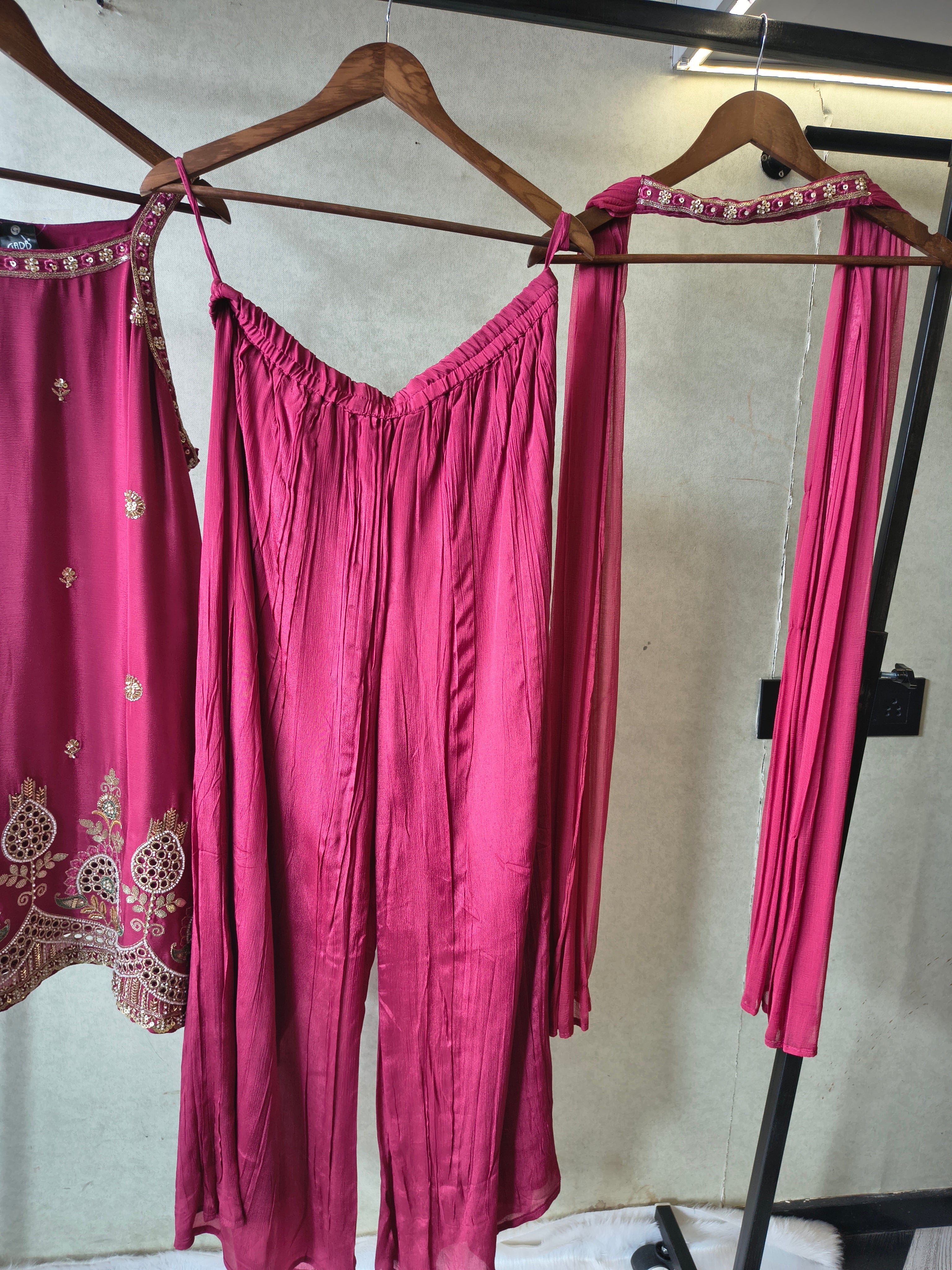Image of Rani Pink Hand Embroidered Kurta Set with Designer Palazzo & Embellished Dupatta – Premium 3 Piece Festive Ensemble