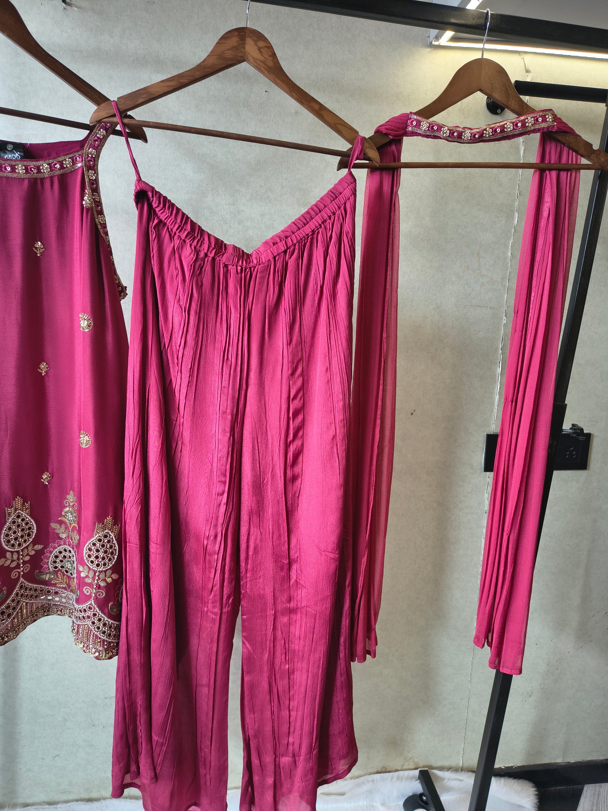 Rani Pink Hand Embroidered Kurta Set with Designer Palazzo & Embellished Dupatta – Premium 3 Piece Festive Ensemble