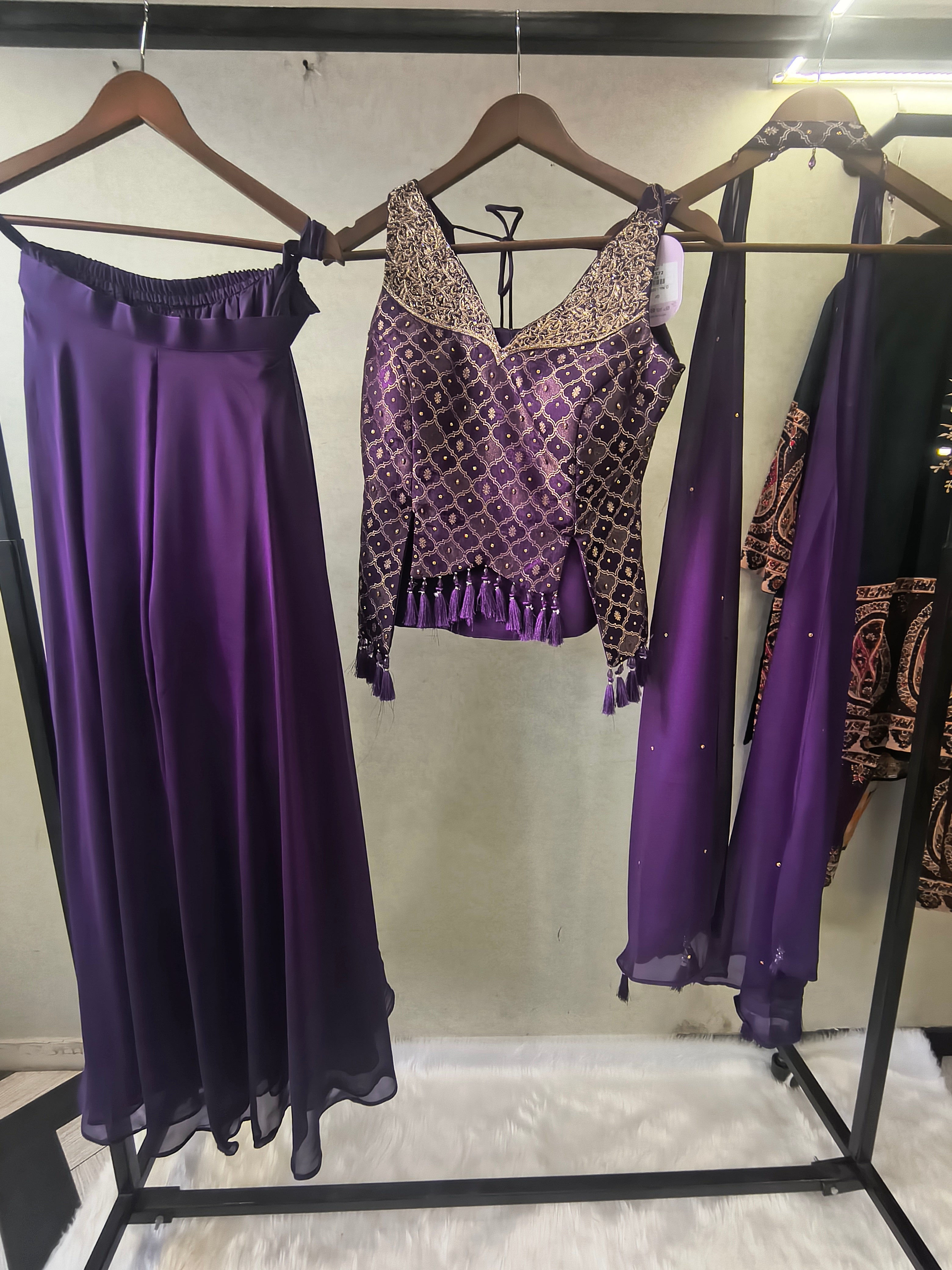 Image of Royal Purple Brocade Blouse with Flared Palazzo & Embellished Choker Dupatta – 3 Piece Designer Indo-Western Set