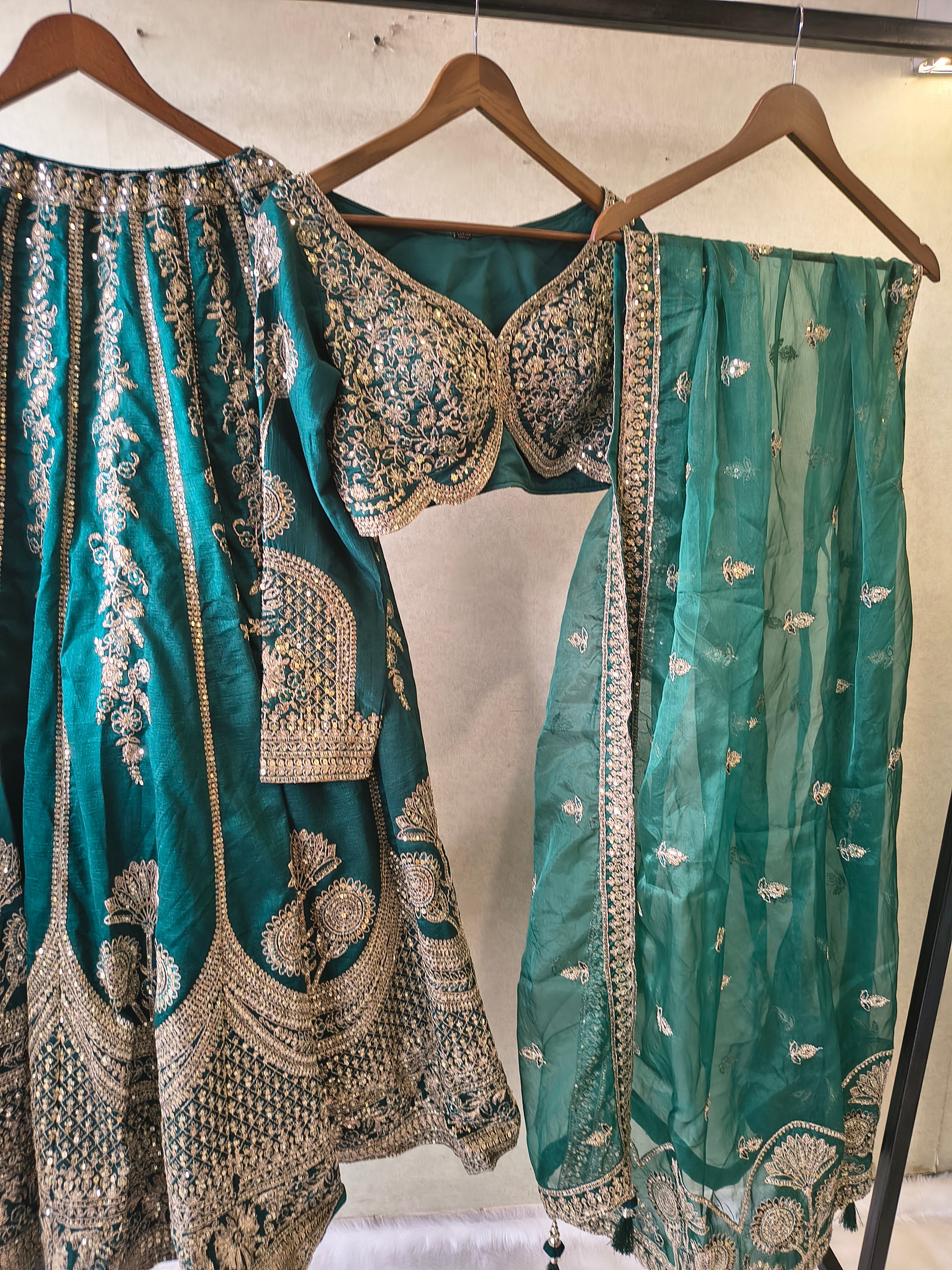 Image of Emerald Teal Heavy Embroidered Designer Lehenga Set with Bridal Blouse & Organza Dupatta | Premium Wedding Collection