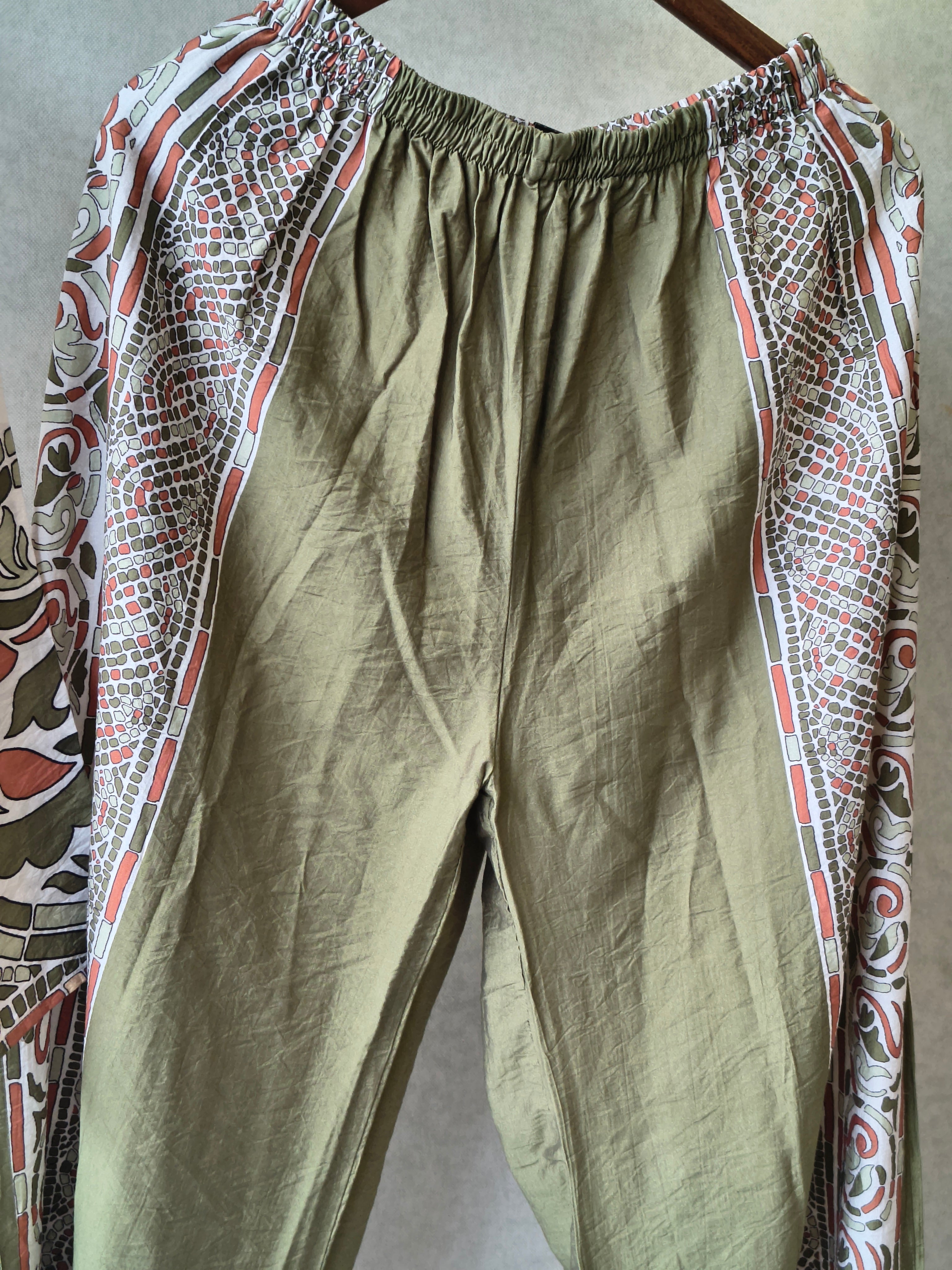 Image of Premium Ivory Printed Cotton Kurta with Olive Pants & Printed Dupatta Set