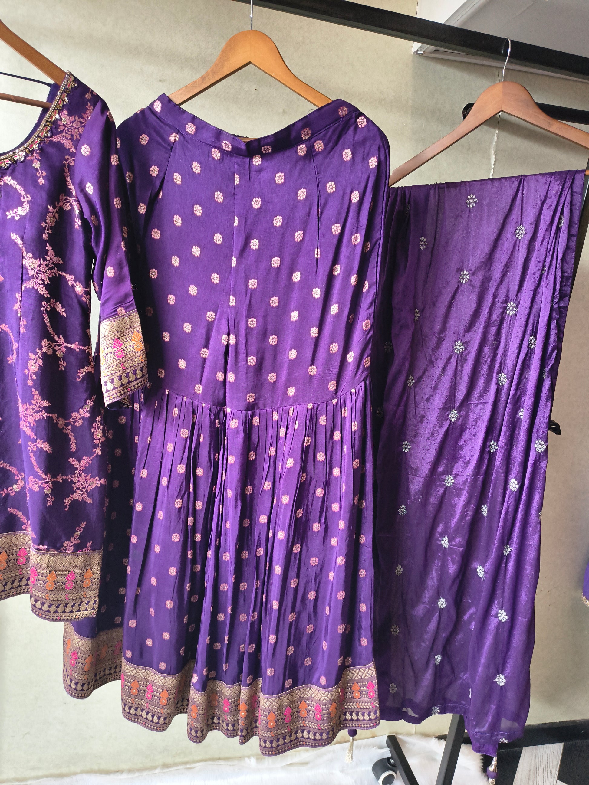 Royal Purple Embroidered Peplum Sharara Set with Banarasi Border & Dupatta – Premium 3 Piece Festive Ensemble