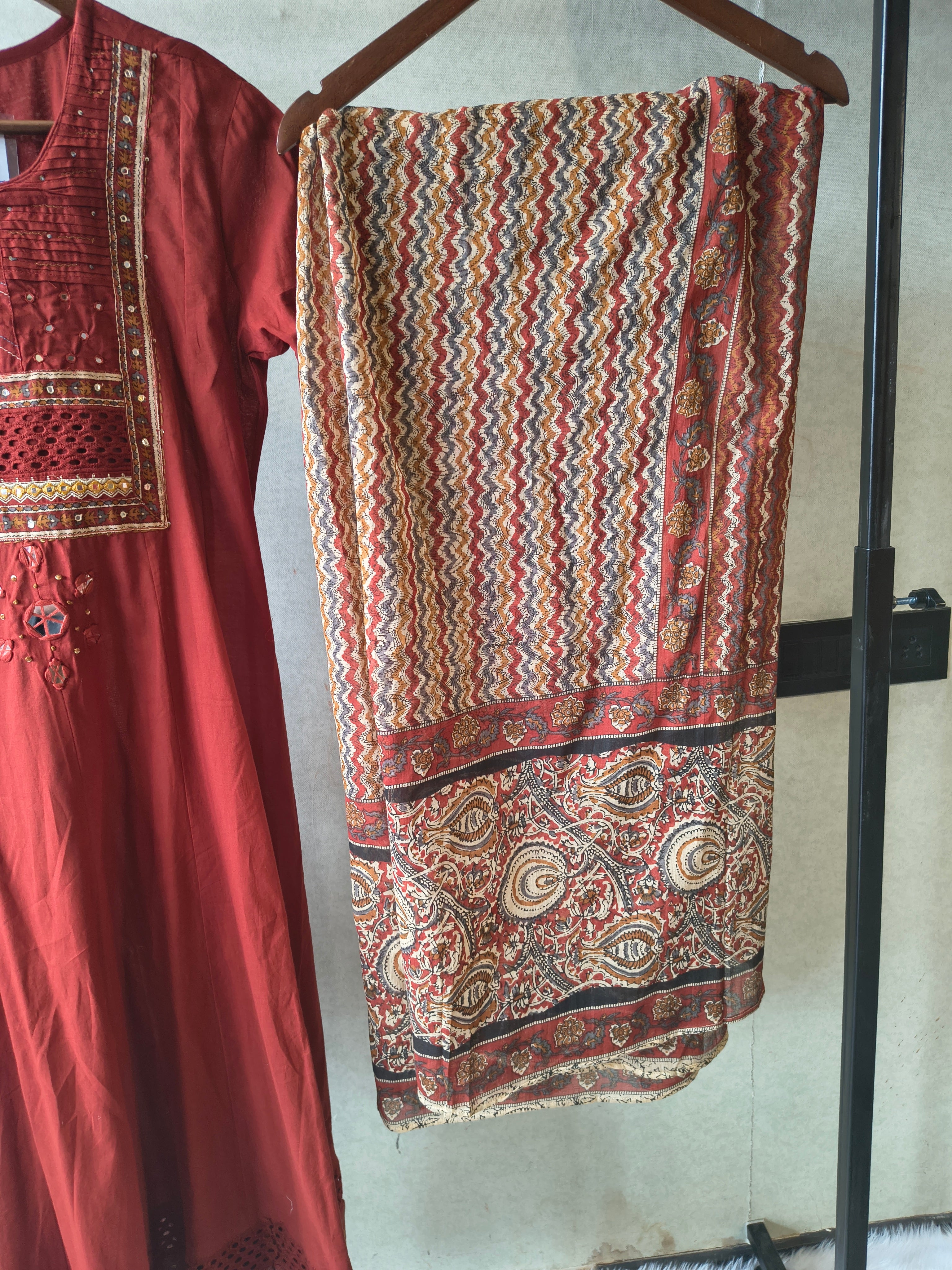 Image of Rust Red Embroidered Three-Piece Kurta Set with Printed Pant & Designer Dupatta