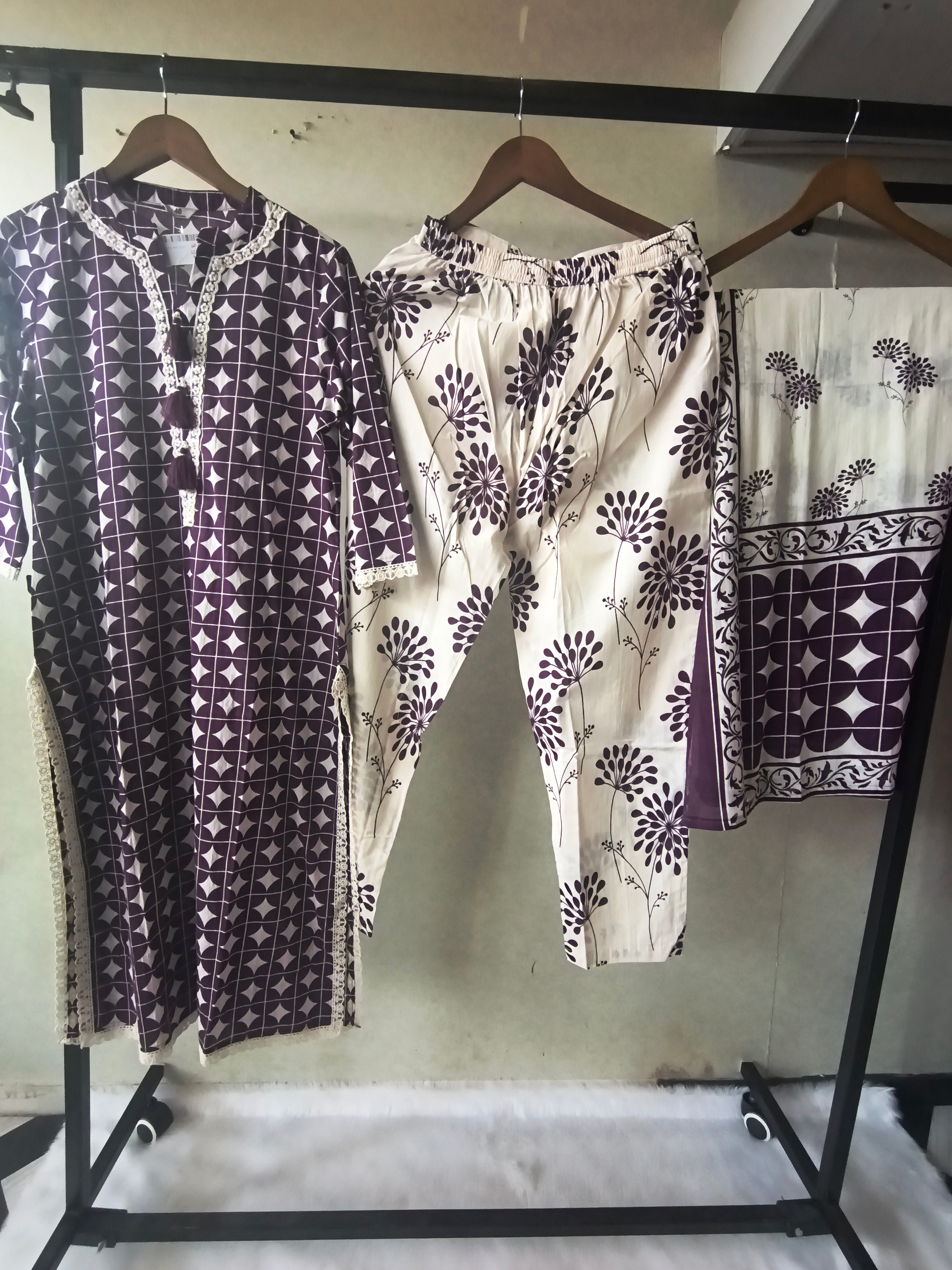 Image of Premium Plum Geometric Printed Cotton Kurta Set with Floral Printed Pants & Dupatta