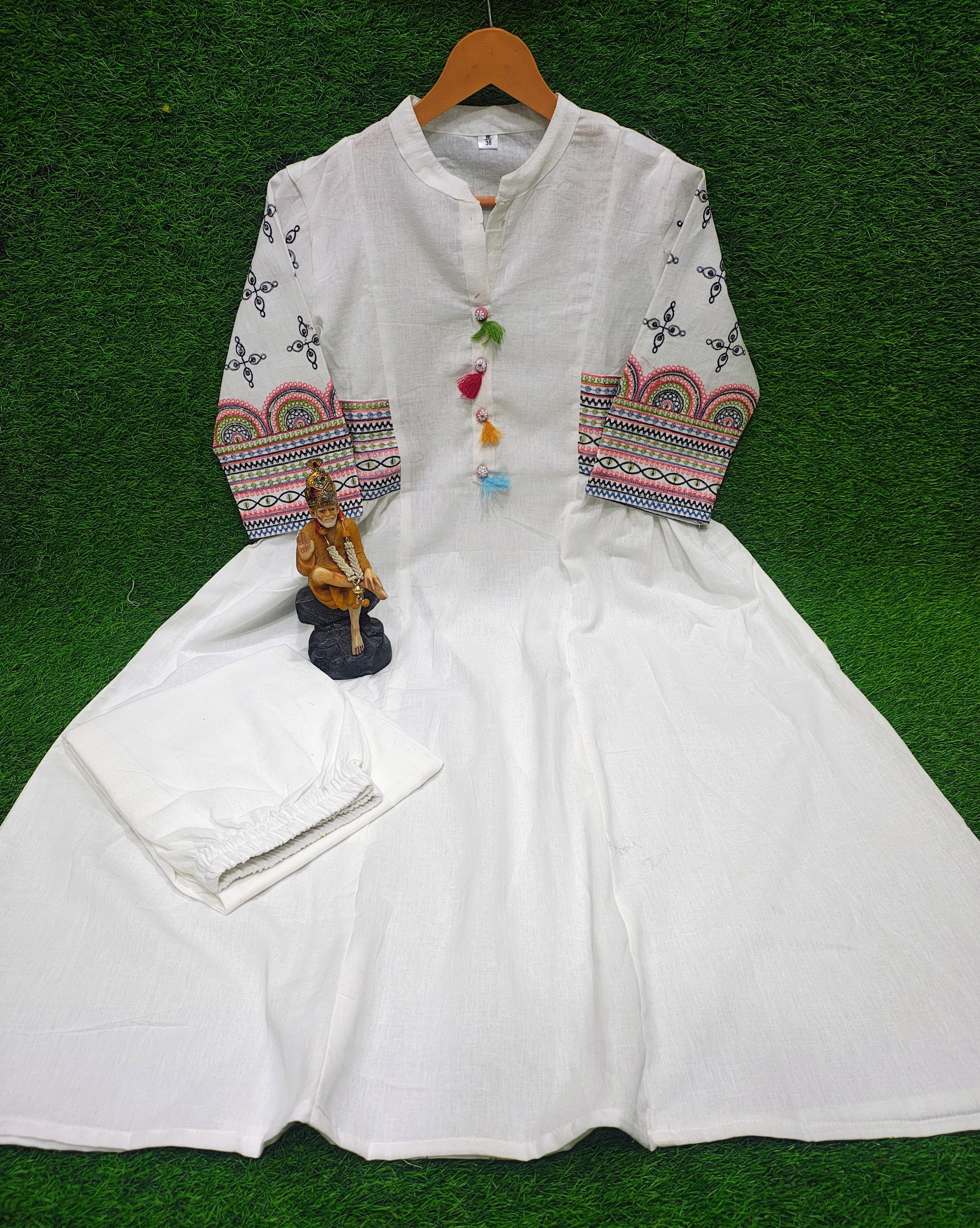 Image of Aline kurta Style made from high-quality cotton flex, embellished with sequance embroidery work on hand sleeves and side line and paired with matching pant.