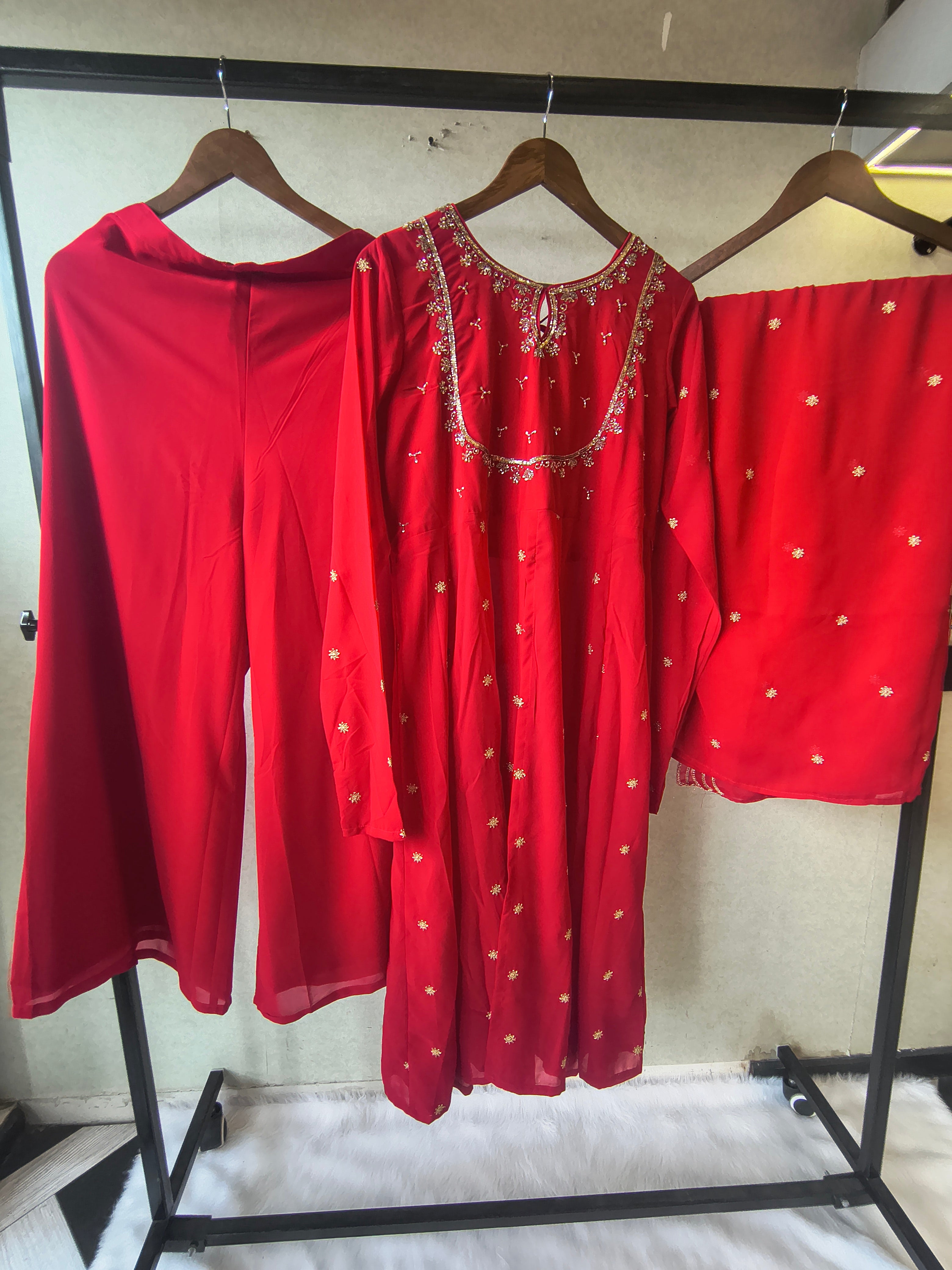 Image of Premium Ruby Red Embroidered Kurta with Sharara & Embellished Dupatta Set