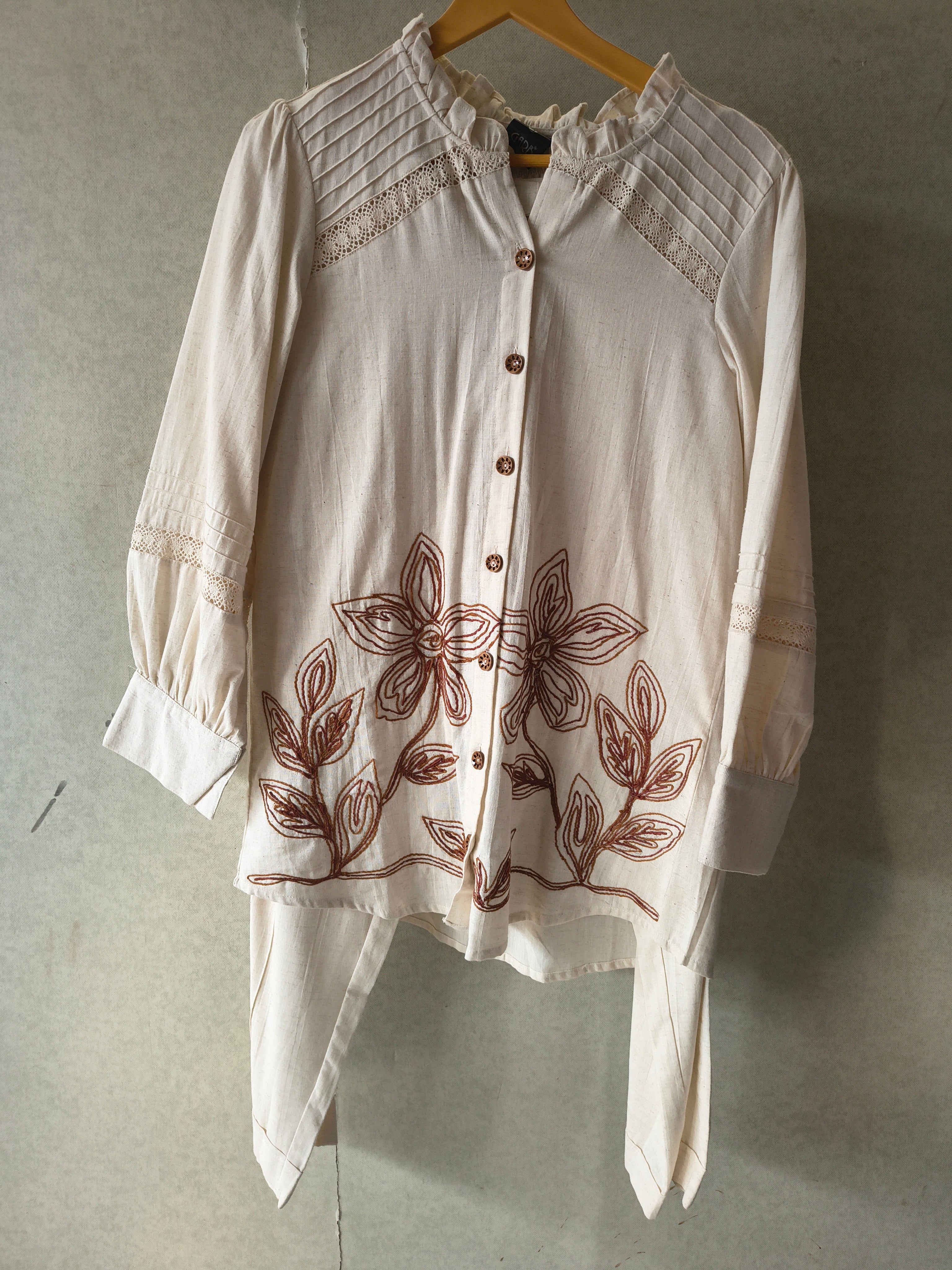 Image of Ivory Botanical Embroidered Pintuck Designer Co-Ord Set