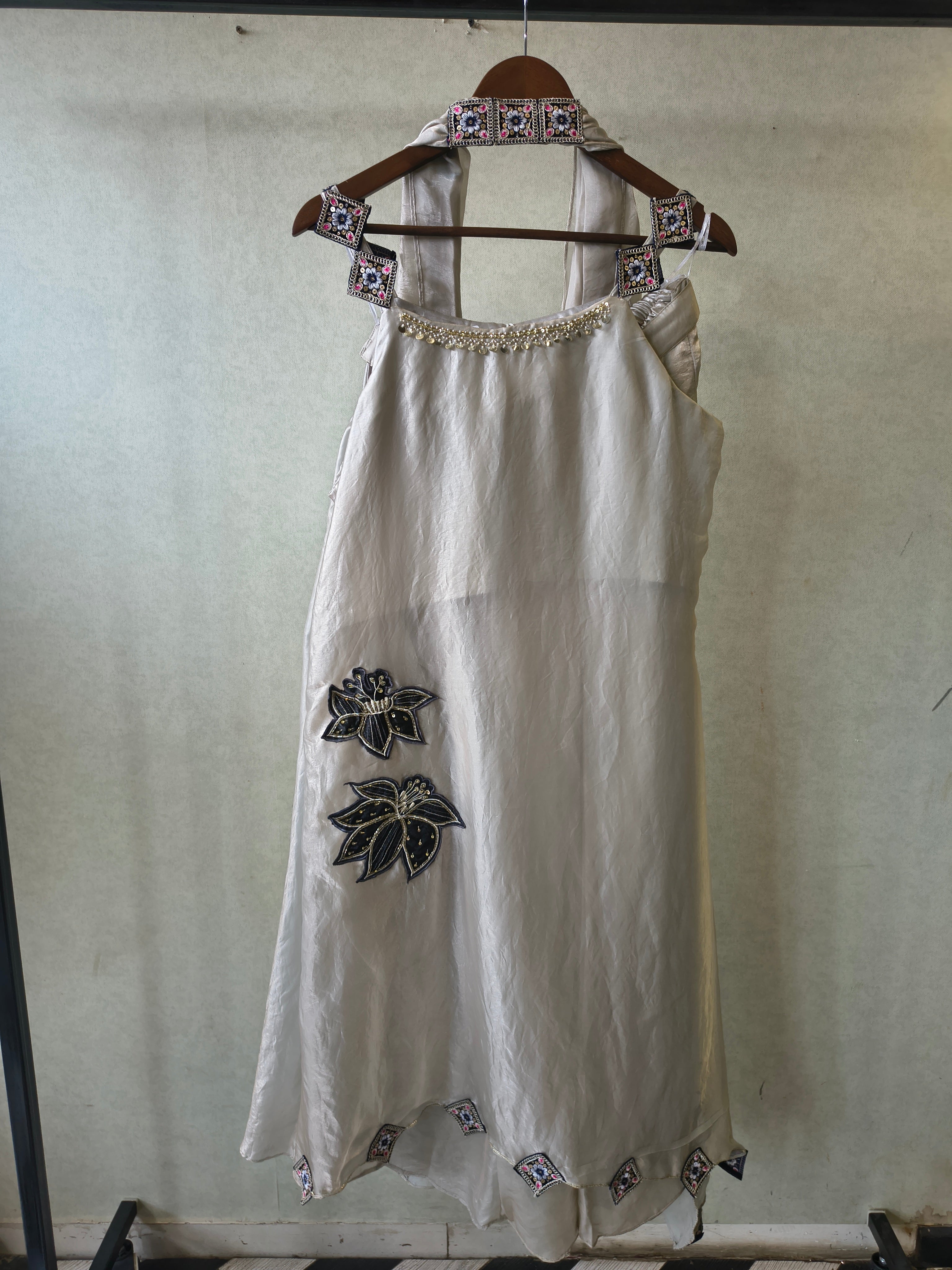 Image of Ivory Designer A-Line Dress with Handcrafted Floral Appliqué & Embellished Scarf