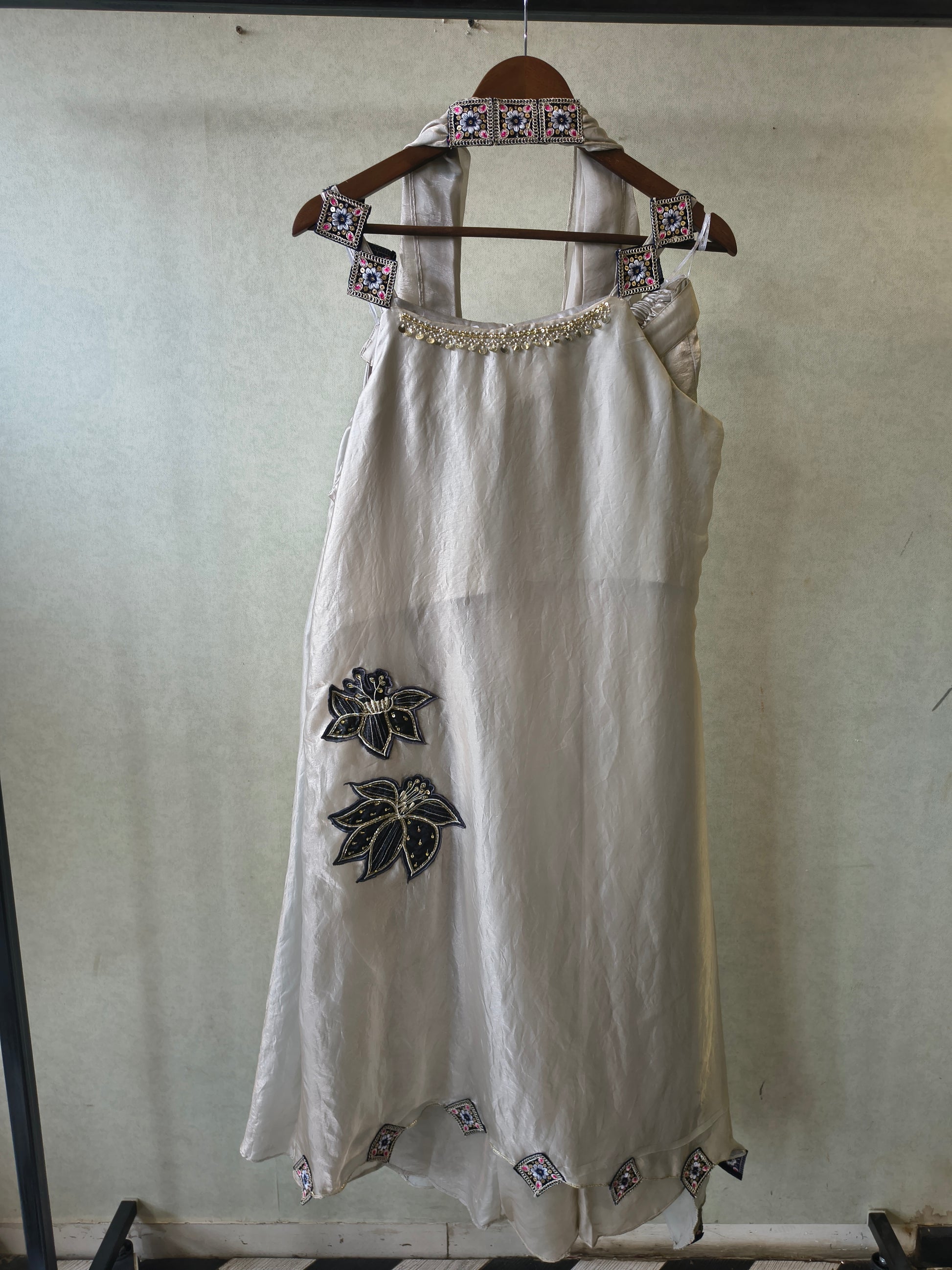 Ivory Designer A-Line Dress with Handcrafted Floral Appliqué & Embellished Scarf