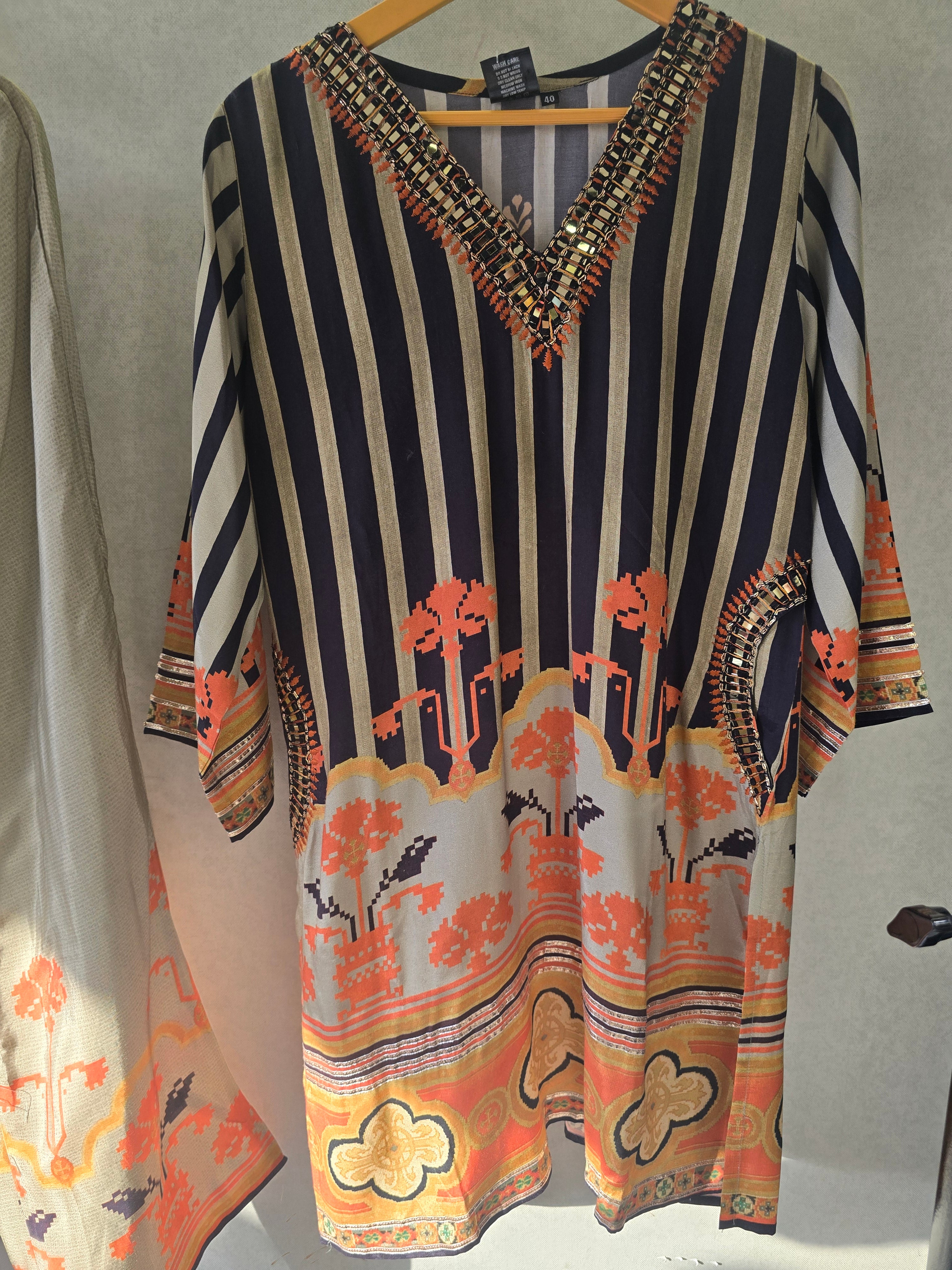 Image of Navy Stripe Mirror Work Kaftan Co-Ord Set