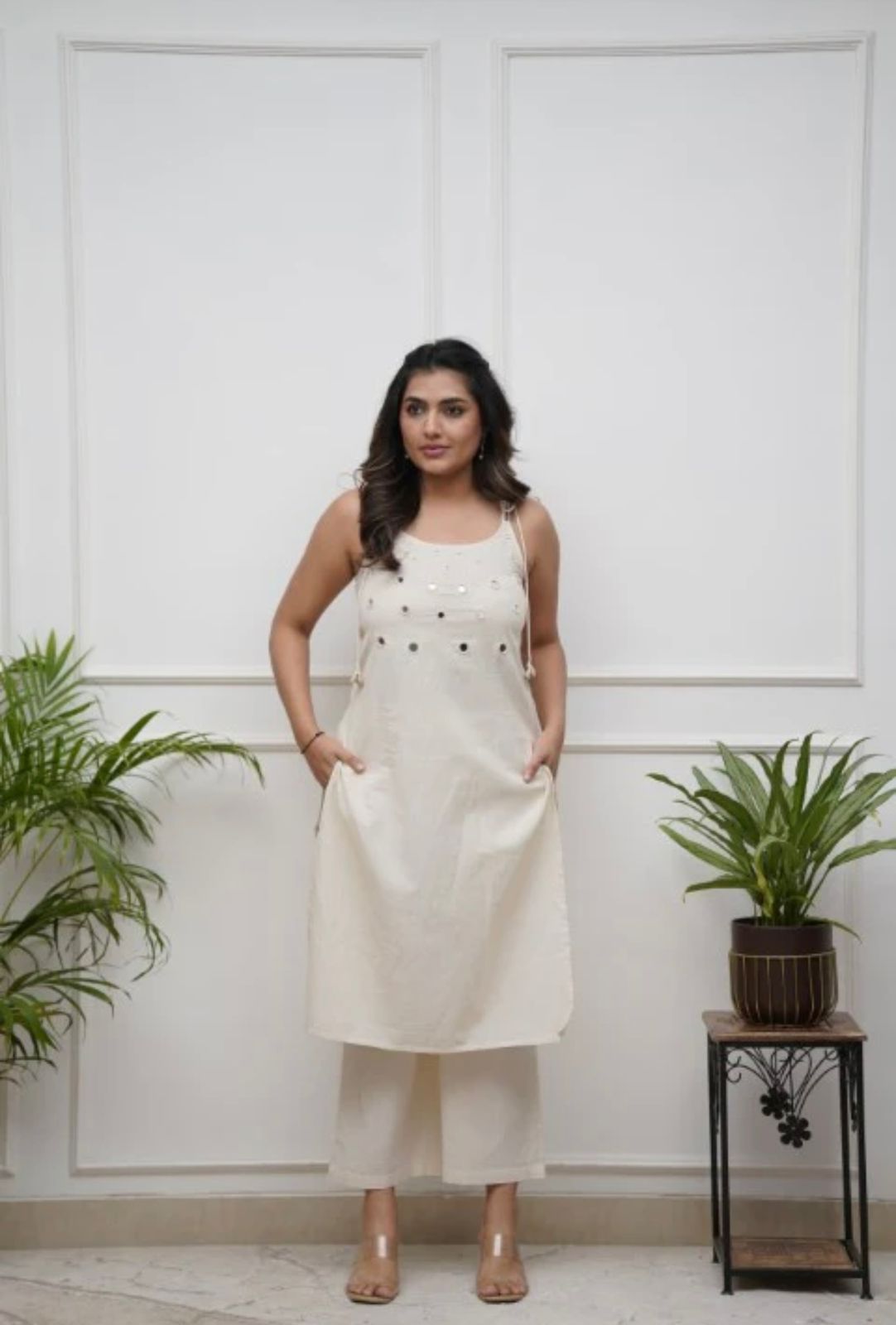 Image of Pure Cotton Sleeveless (Sleeves Attached) with center Mirror Hand work kurti Set - 2 piece