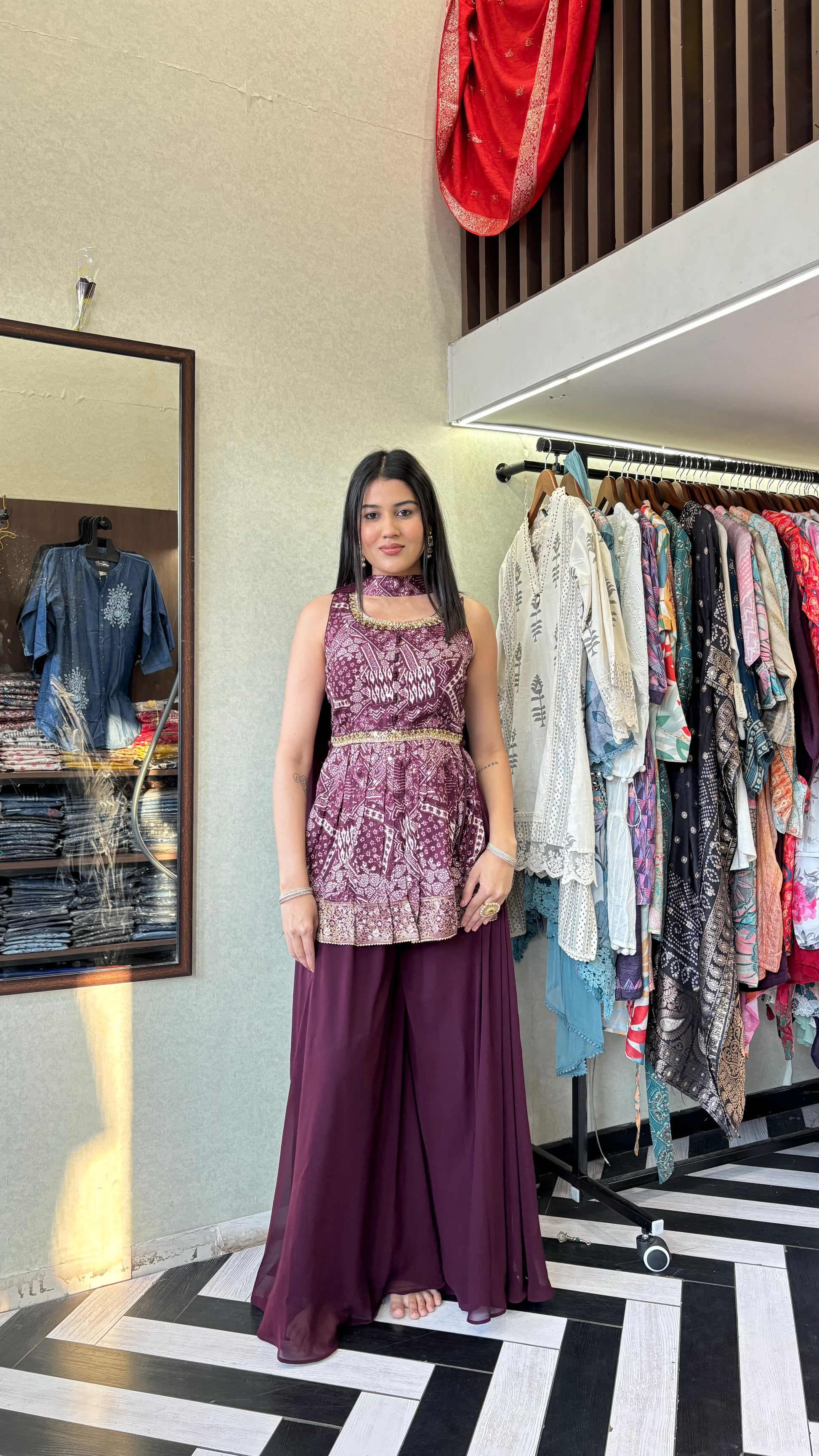 Pure Chinnon Indo Western Piece with Hand work