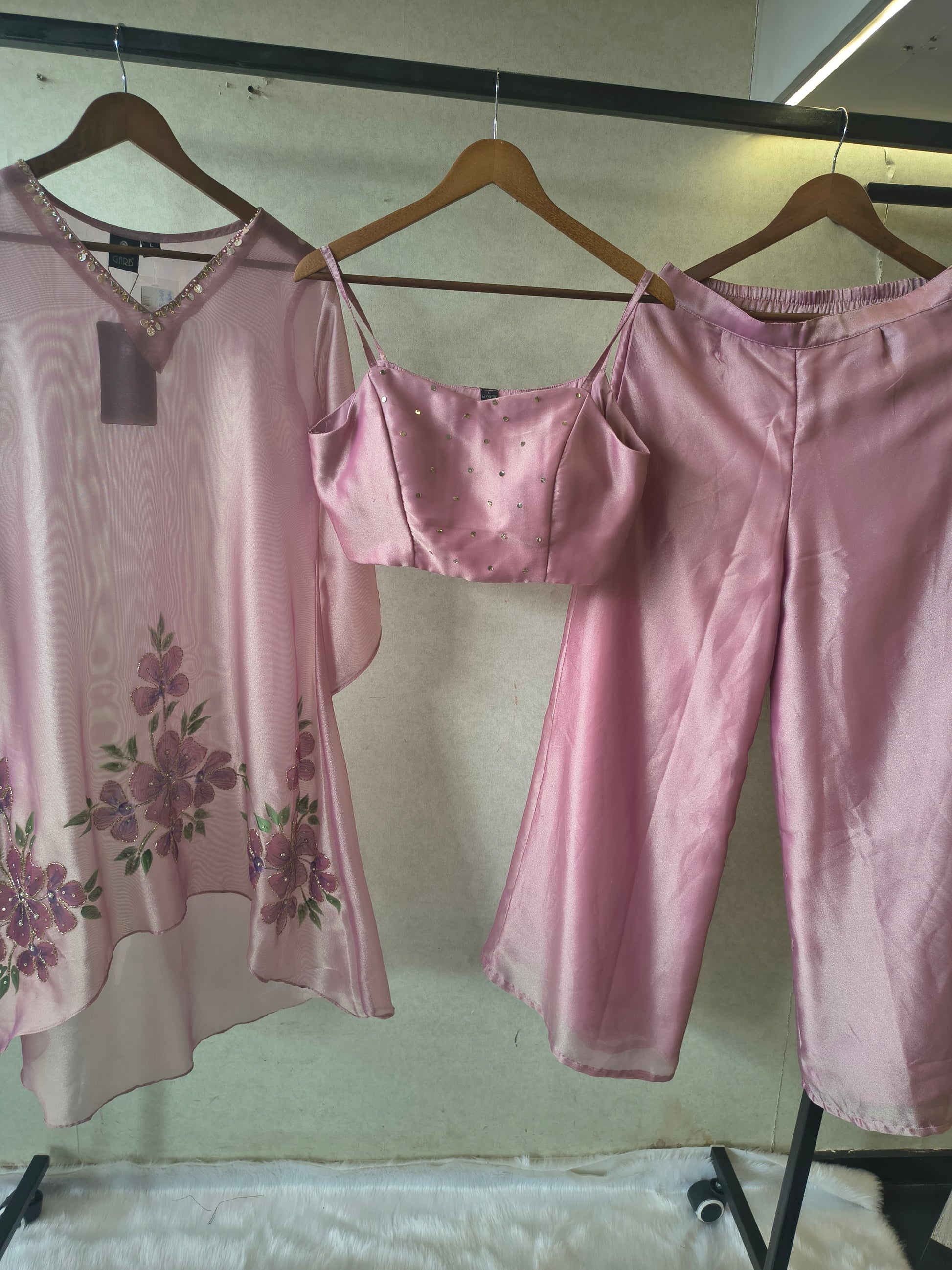 Blush Pink Floral Embroidered Kaftan Co-ord Set with Hand-Painted Cape, Embellished Blouse & Palazzo