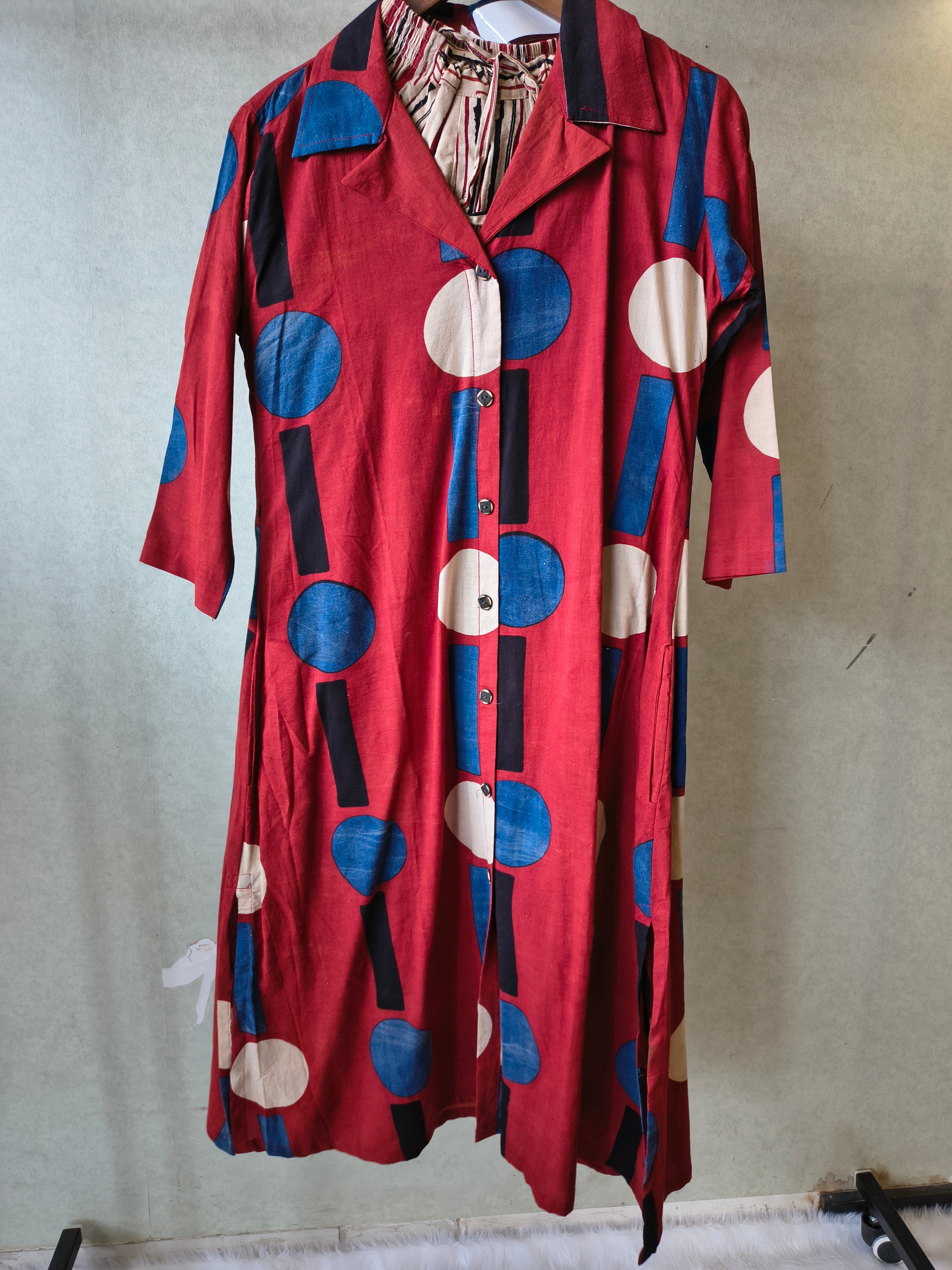 Image of Premium Rust Red Abstract Printed Shirt Kurta with Striped Relaxed Pants Co-Ord Set