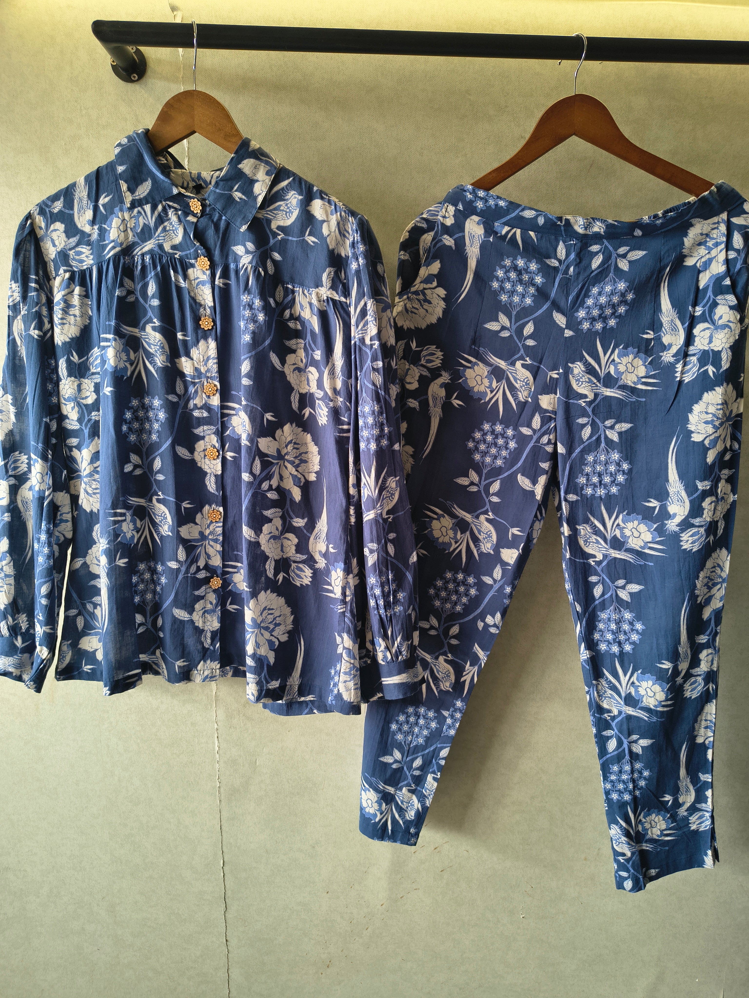 Image of Premium Blue Floral Bird Print Shirt Co-Ord Set