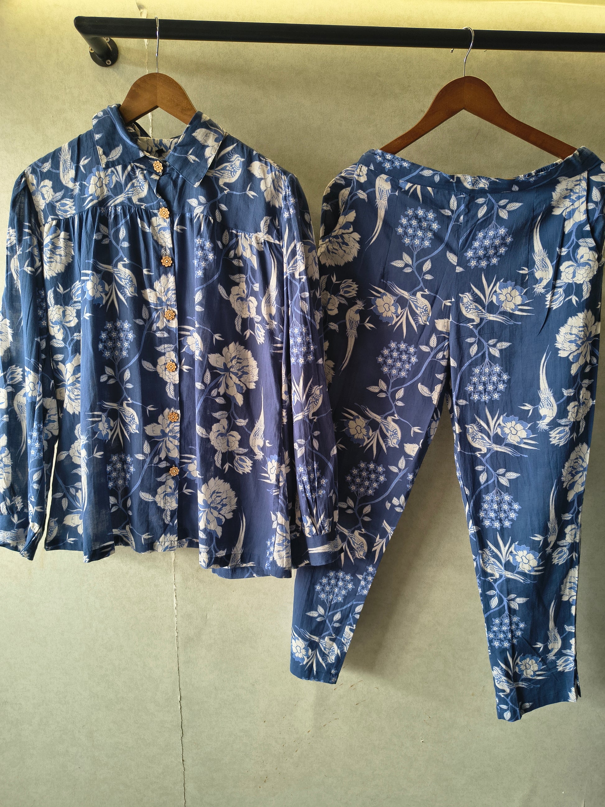Premium Blue Floral Bird Print Shirt Co-Ord Set