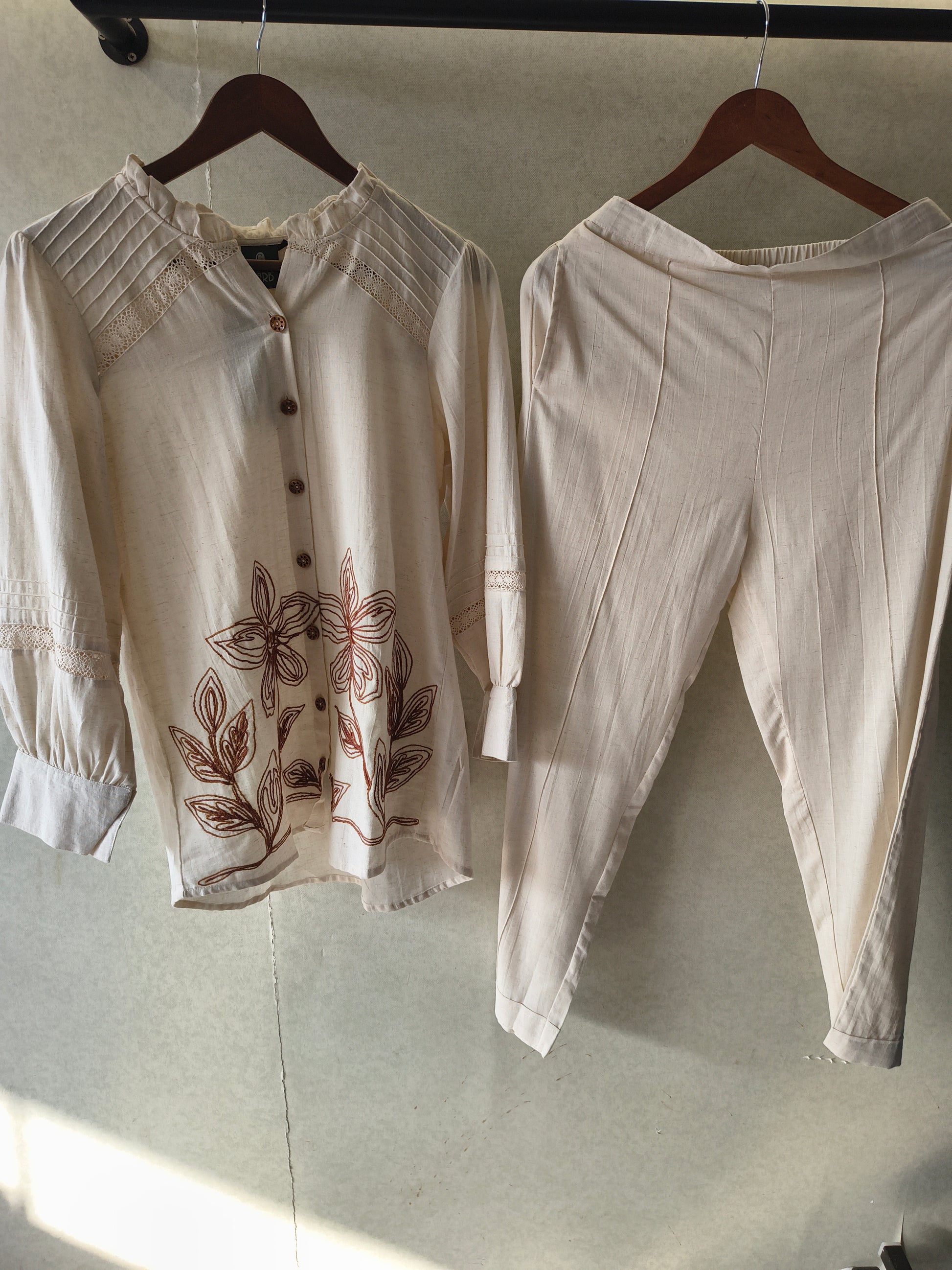 Ivory Botanical Embroidered Pintuck Designer Co-Ord Set
