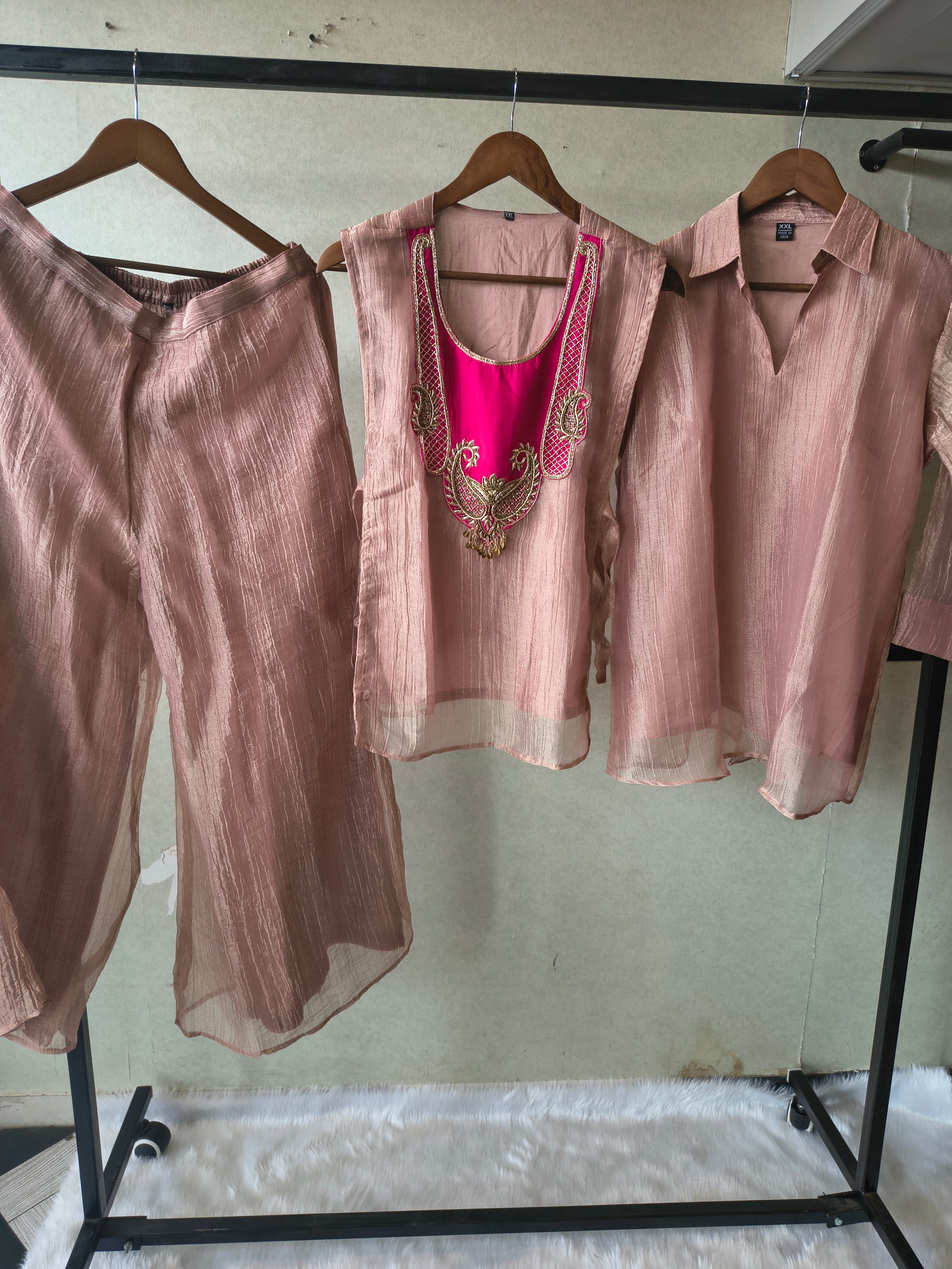 Image of Premium Rose Gold Tissue Silk 3-Piece Co-Ord Set with Hand Embellished Jacket, Inner & Palazzo