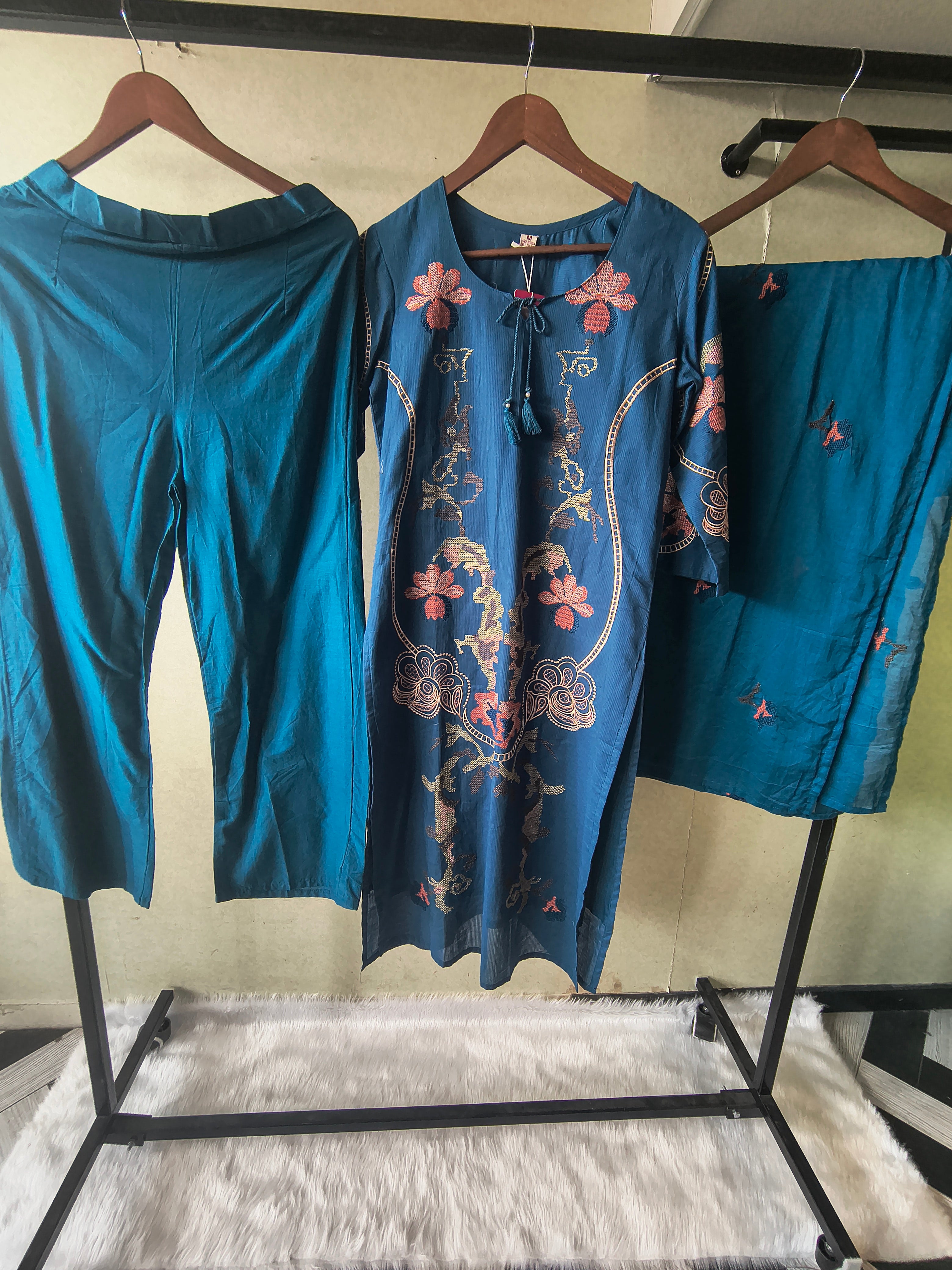 Image of Teal Blue Cotton 3-Piece Suit Set with Floral Vine Embroidery & Embroidered Dupatta
