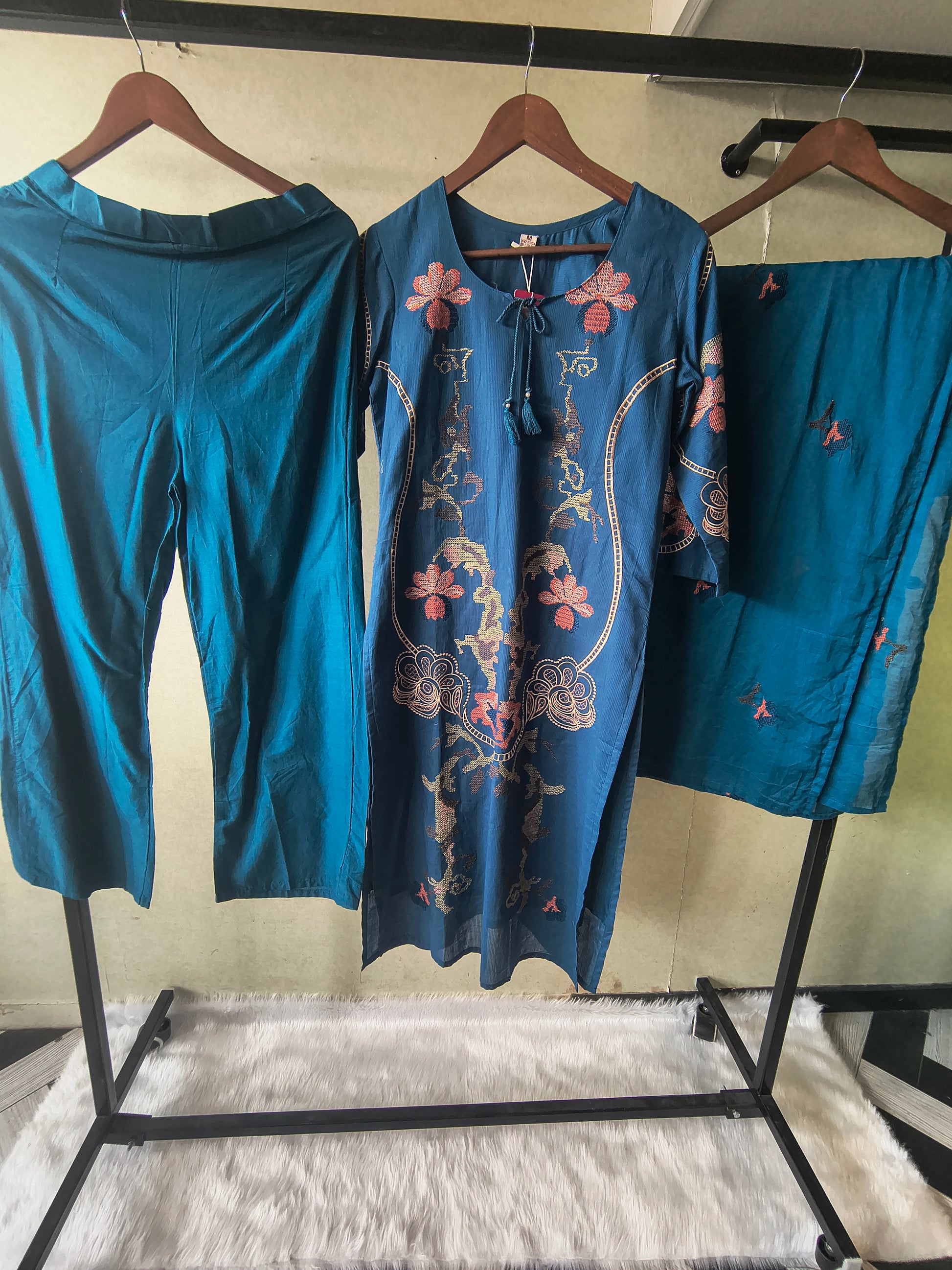 Teal Blue Cotton 3-Piece Suit Set with Floral Vine Embroidery & Embroidered Dupatta