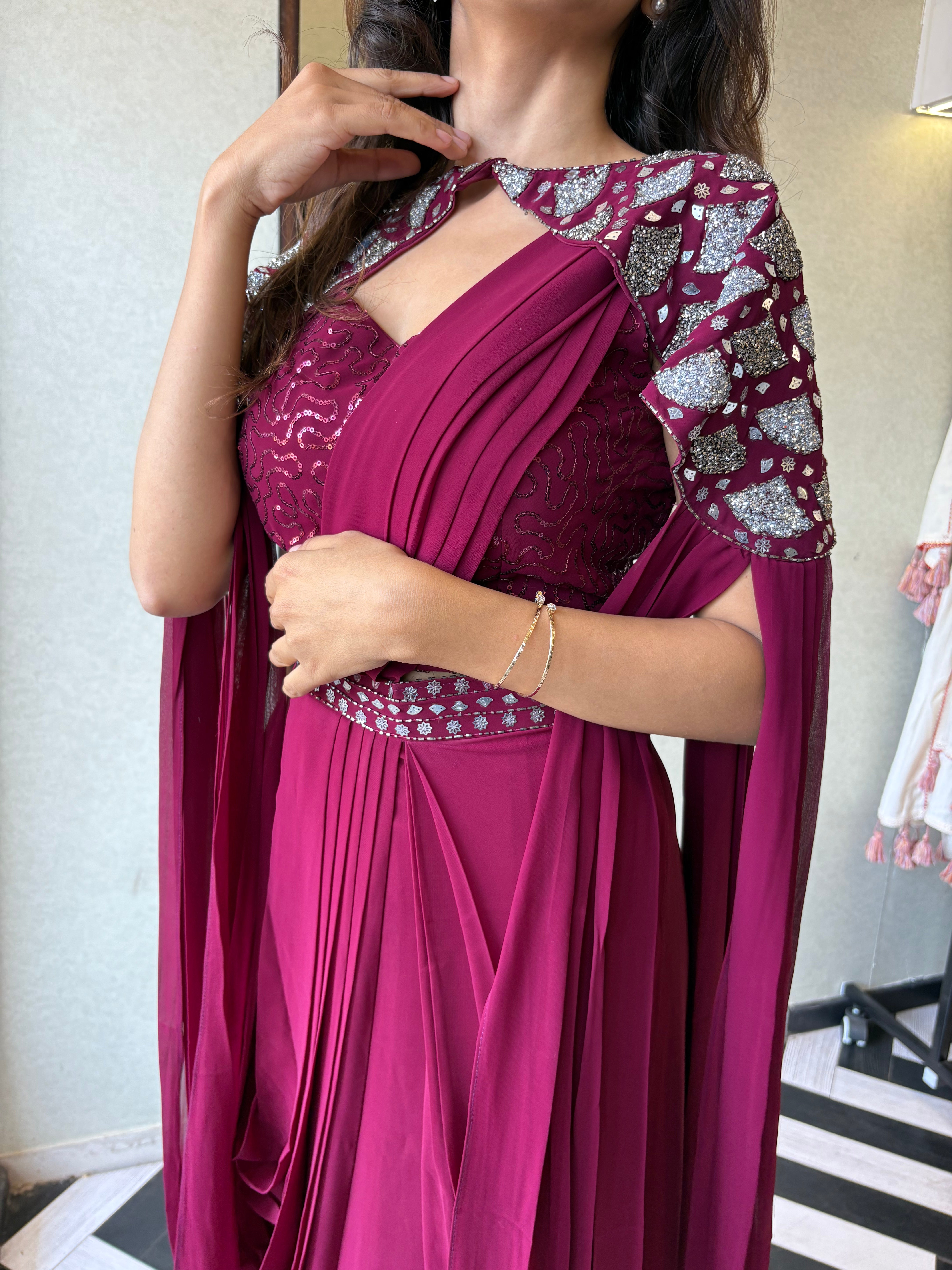Our Maroon Georgette 3-Piece Saree-Style Indo-Western Set, where classic charm meets modern flair.