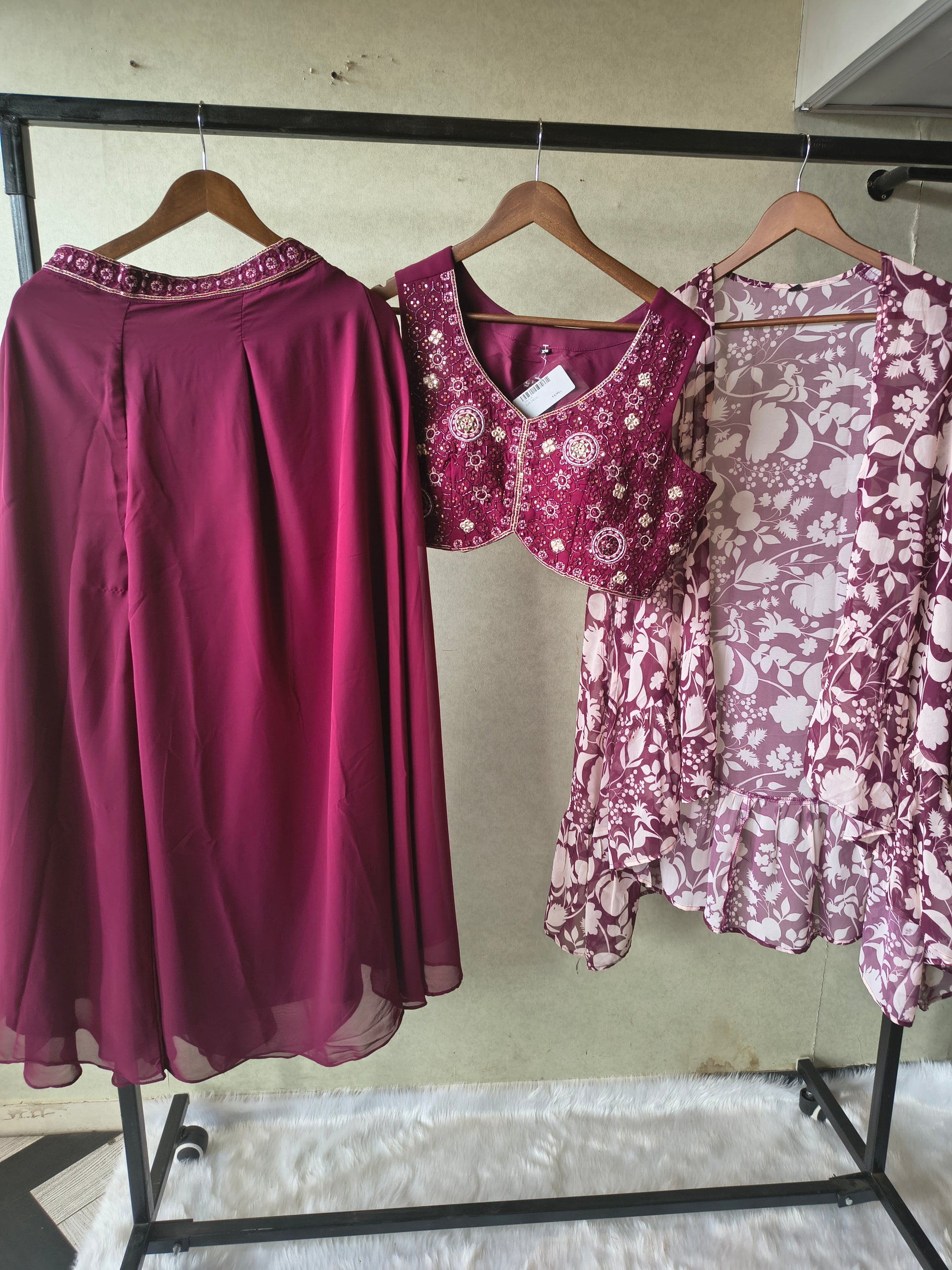 Luxury Wine Embroidered Blouse with Printed Peplum Jacket & Flared Palazzo – 3 Piece Designer Indo-Western Set