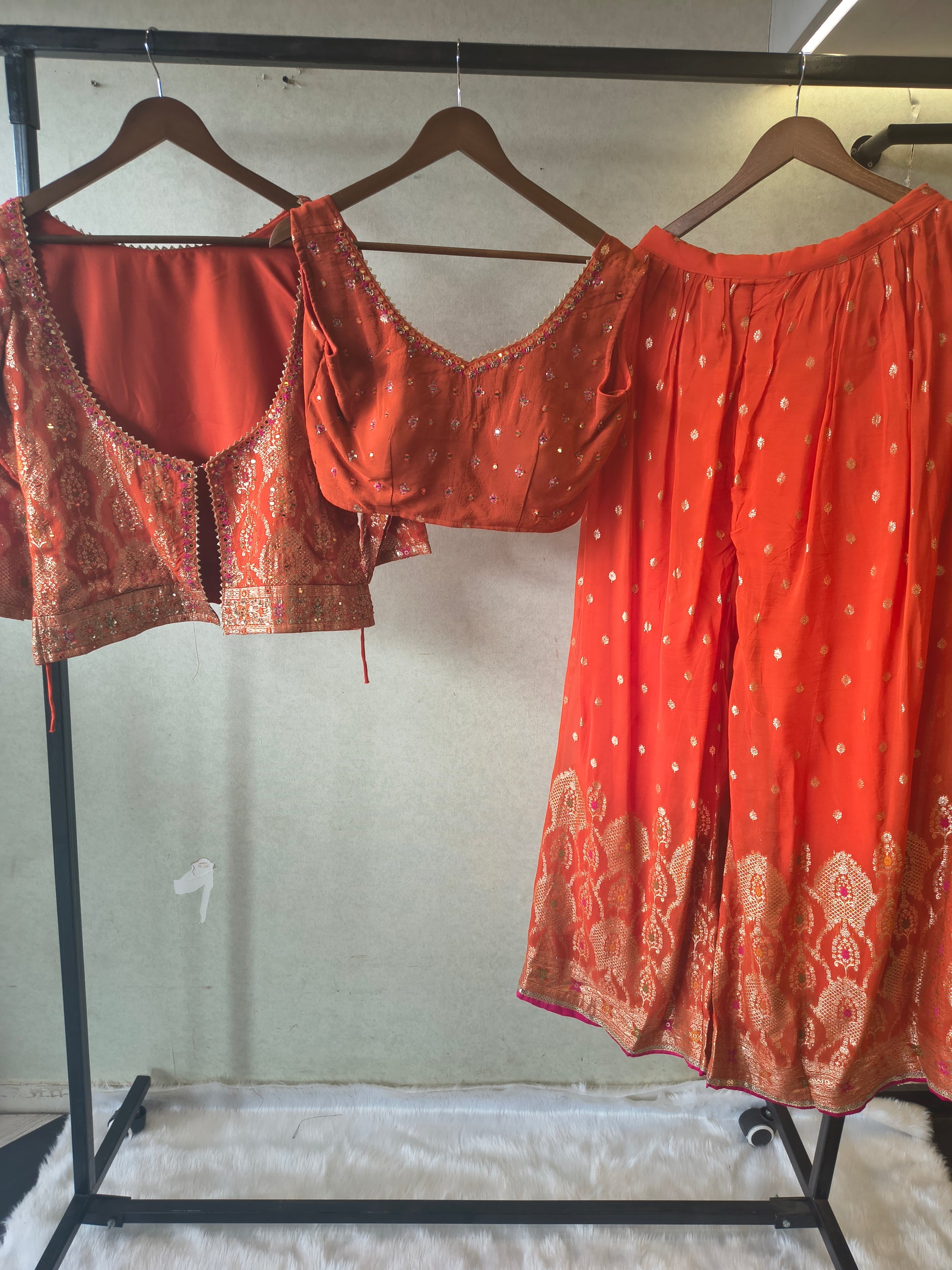 Rust Orange Banarasi Embroidered Lehenga Set with Handworked Blouse & Embellished Blouse – Designer 3 Piece Festive Ensemble
