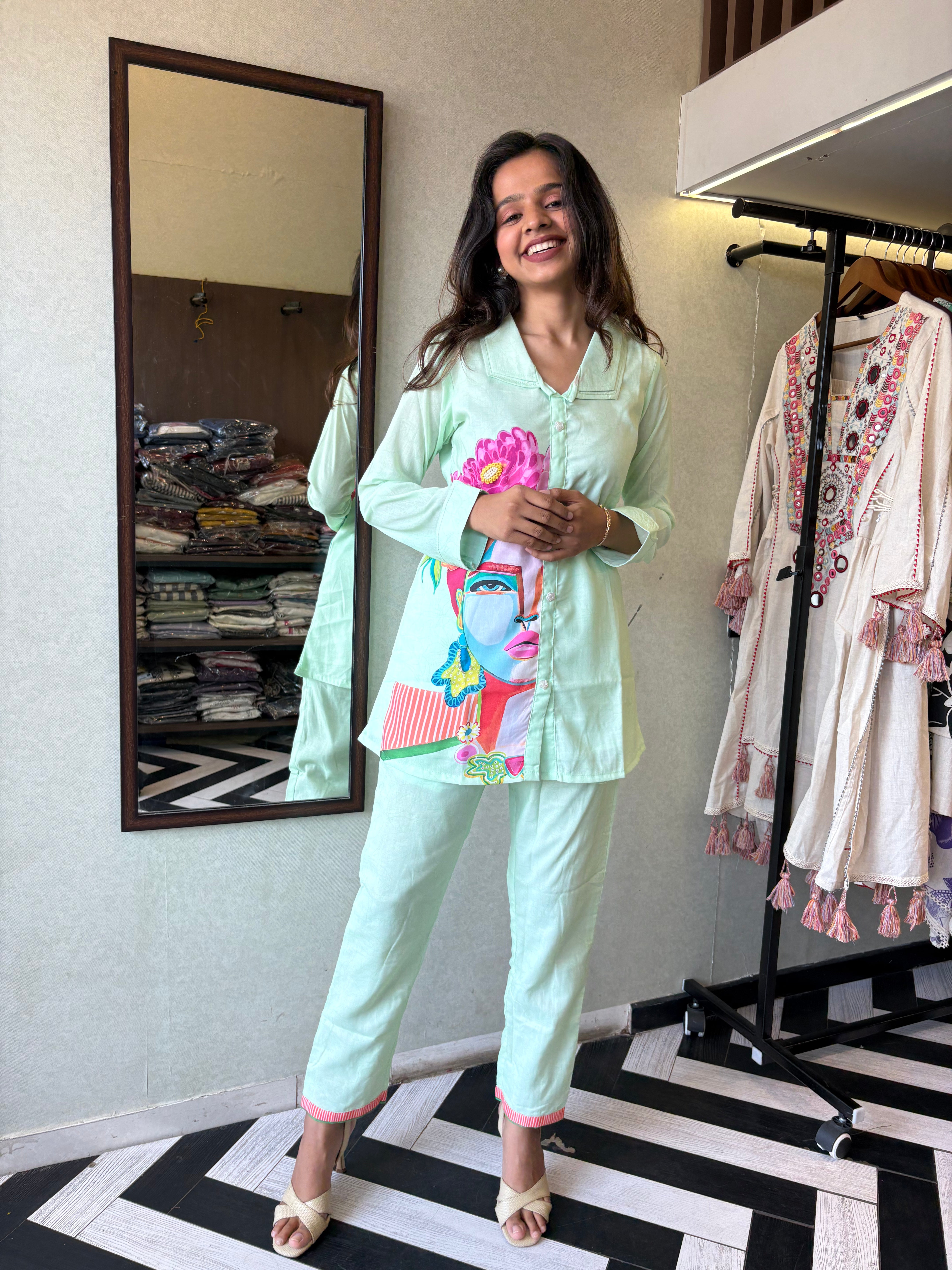 Image of Pure cotton 2-piece coord set in soothing pista color - designed with elegant prints and made for all-day comfort.