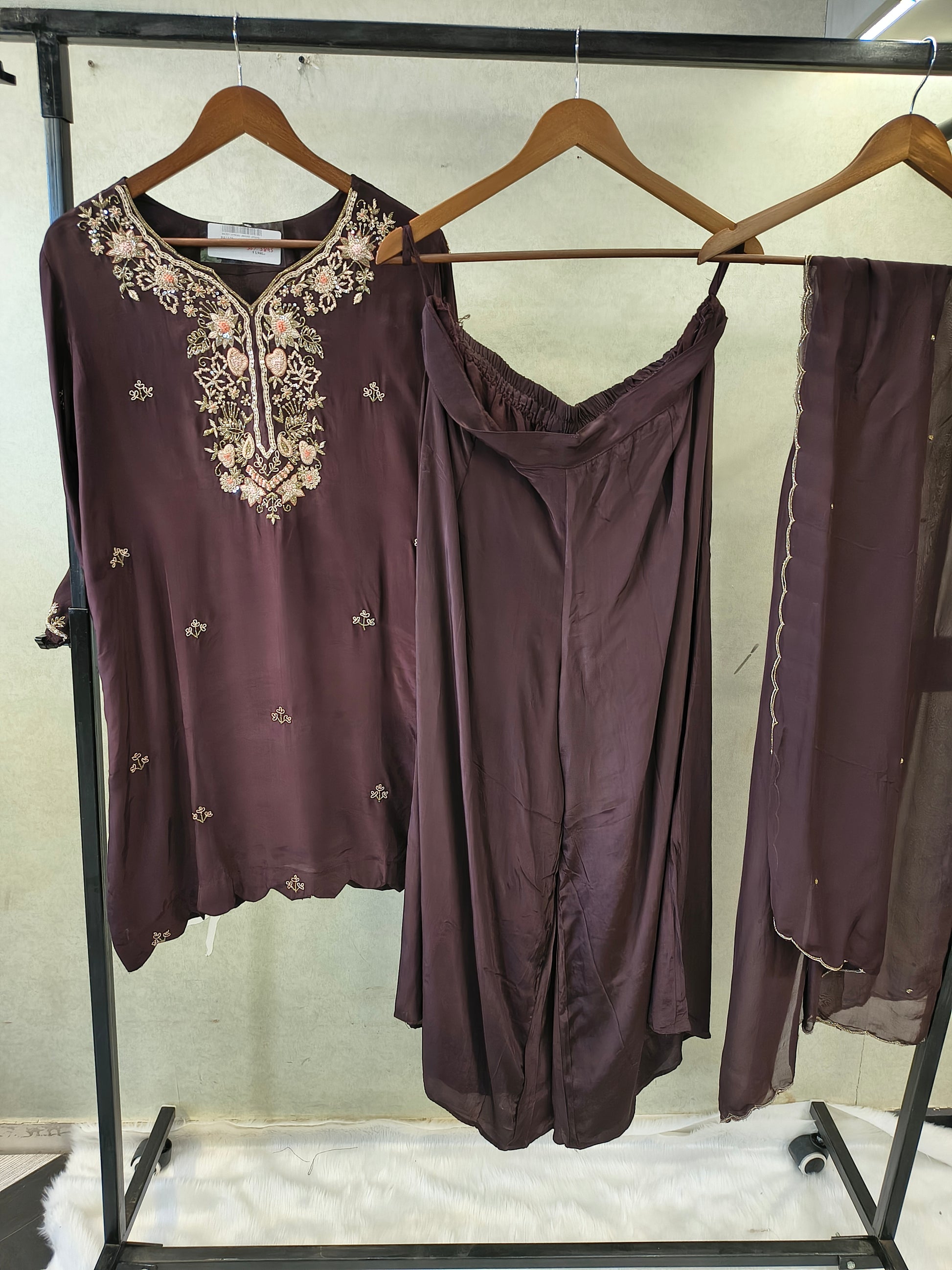 Chocolate Brown Embroidered Straight Kurta Set with Wide Palazzo & Chiffon Dupatta | Premium 3 Piece Festive Ensemble
