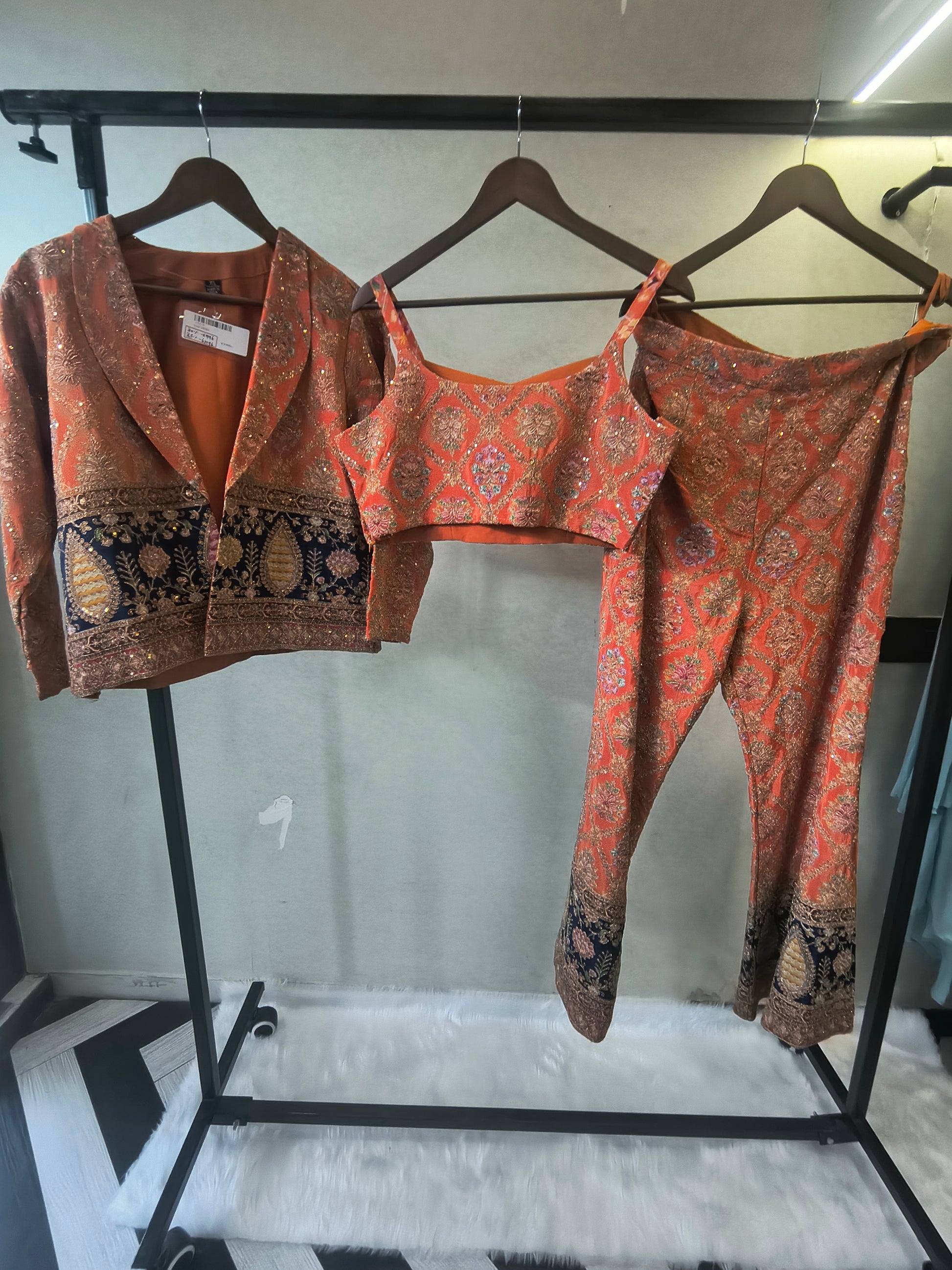 Luxury Coral Brocade Bralette with Embroidered Jacket & Designer Brocade Pants – 3 Piece Indo-Western Co-Ord Set