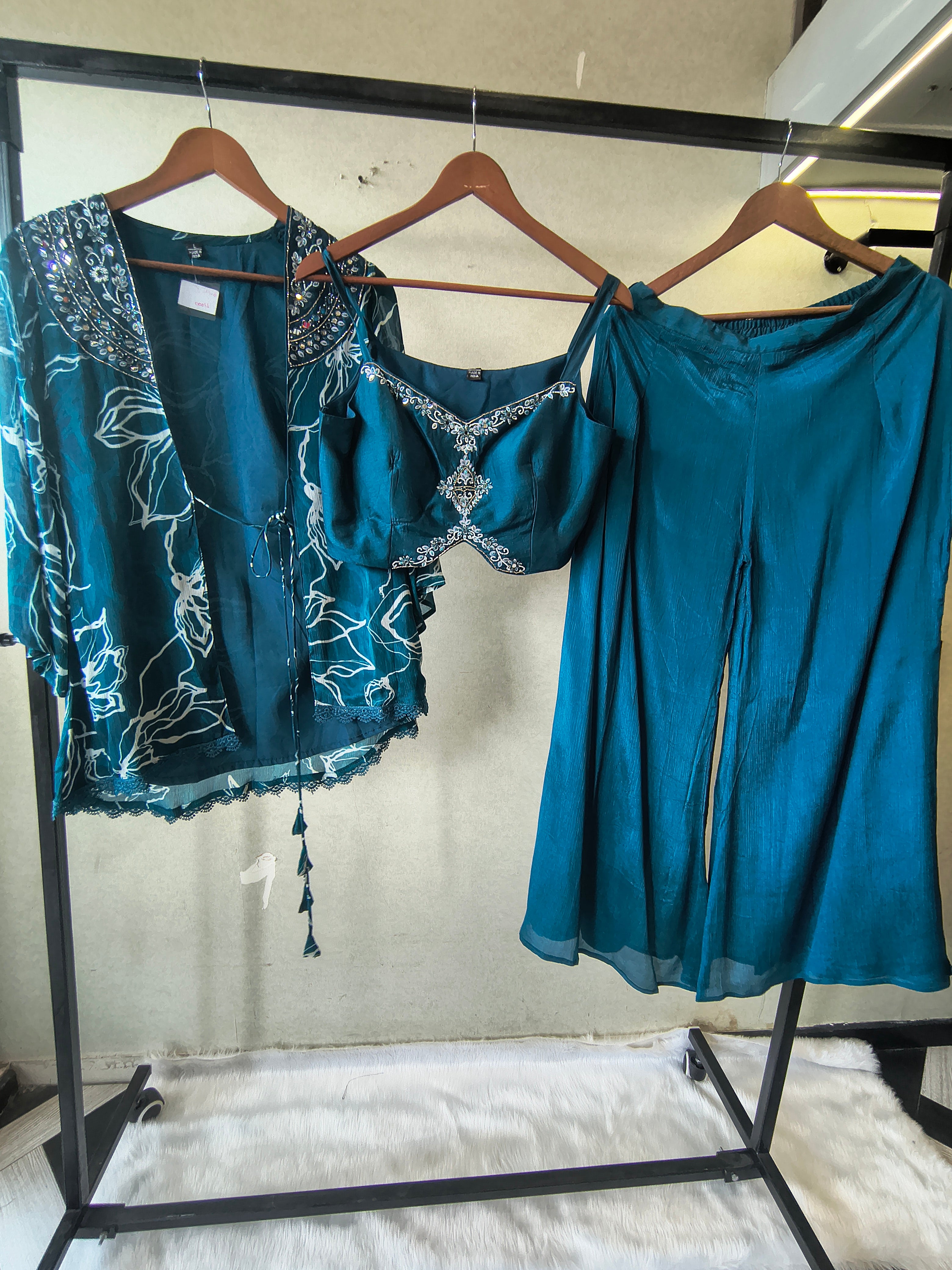 Image of Teal Printed Shrug with Embroidered Designer Bralette & Flared Palazzo – 3 Piece Indo-Western Co-Ord Set