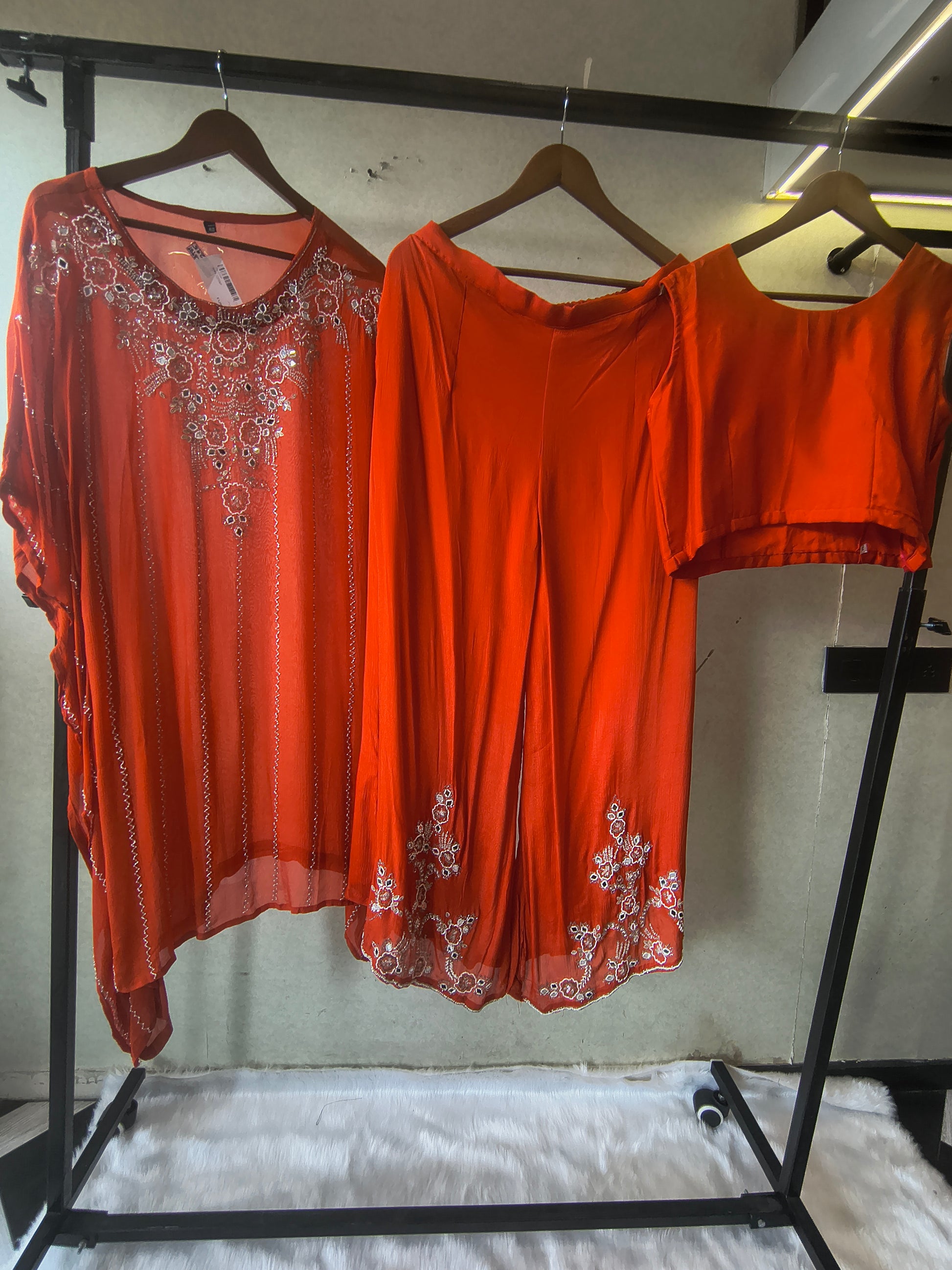 Rust Orange Embroidered Kaftan Co-Ord Set with Palazzo & Blouse – Designer 3 Piece Indo-Western Fusion Wear