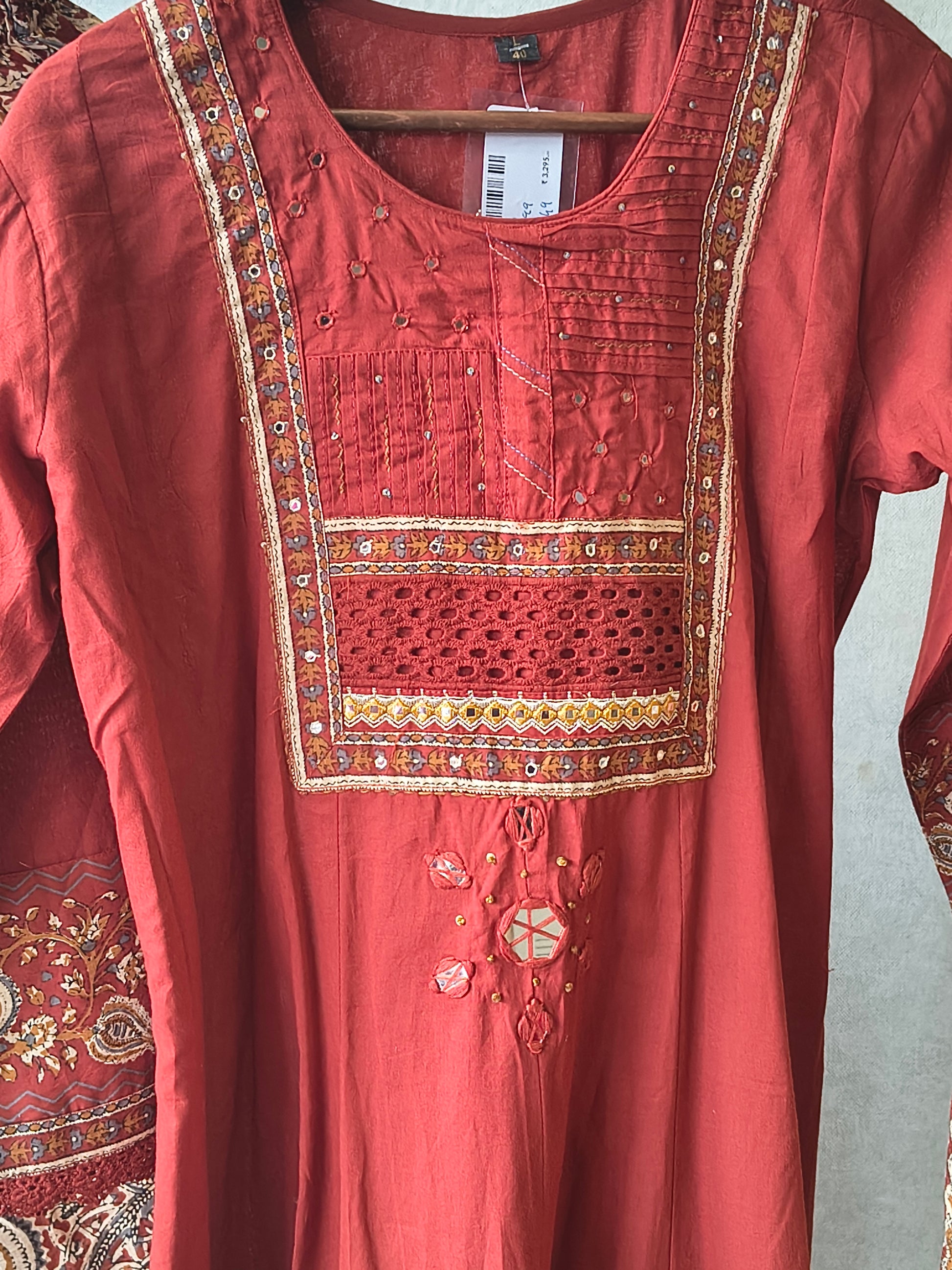 Rust Red Embroidered Three-Piece Kurta Set with Printed Pant & Designer Dupatta