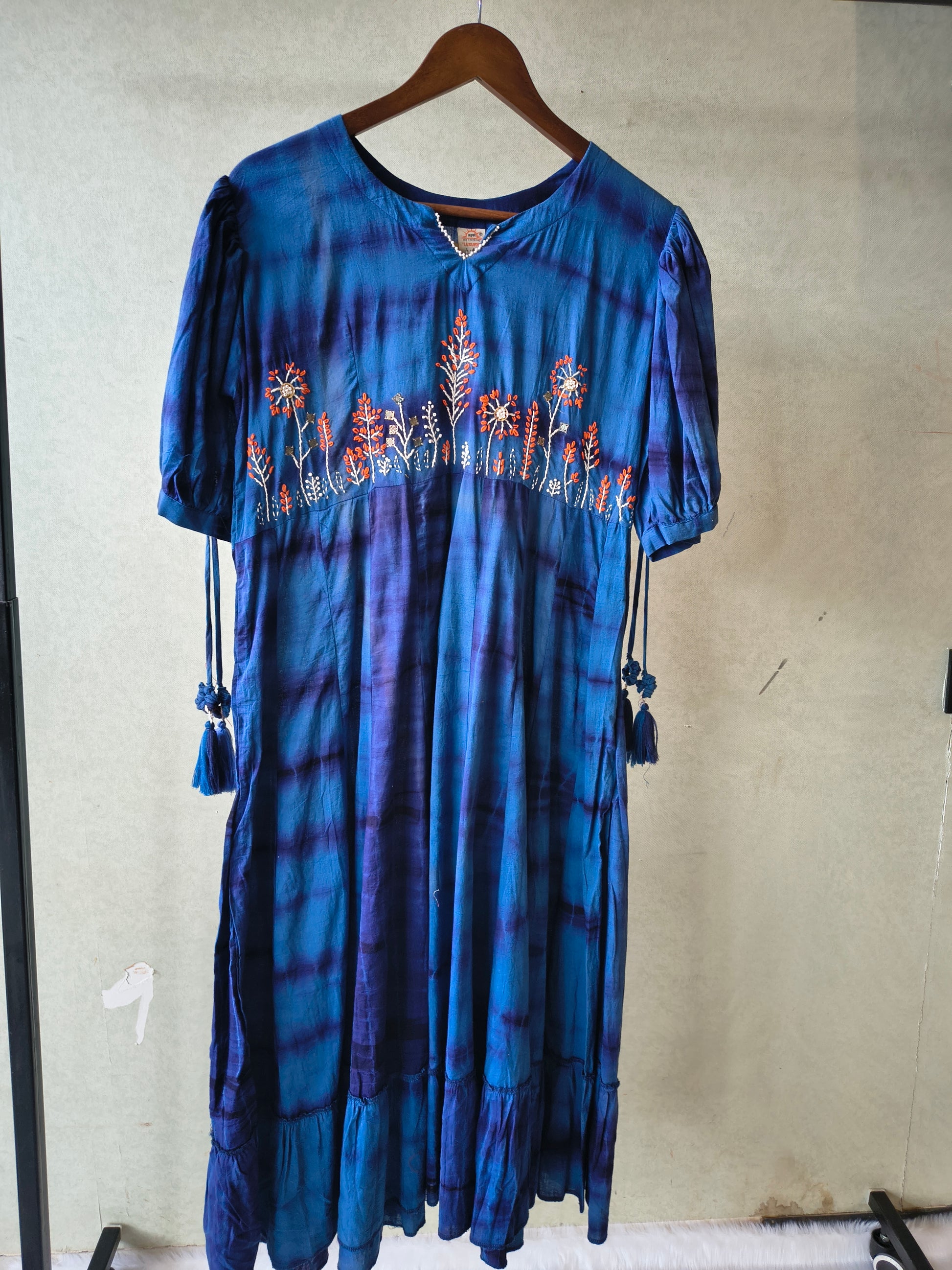 Premium Indigo Tie-Dye Embroidered Cotton Flared Dress