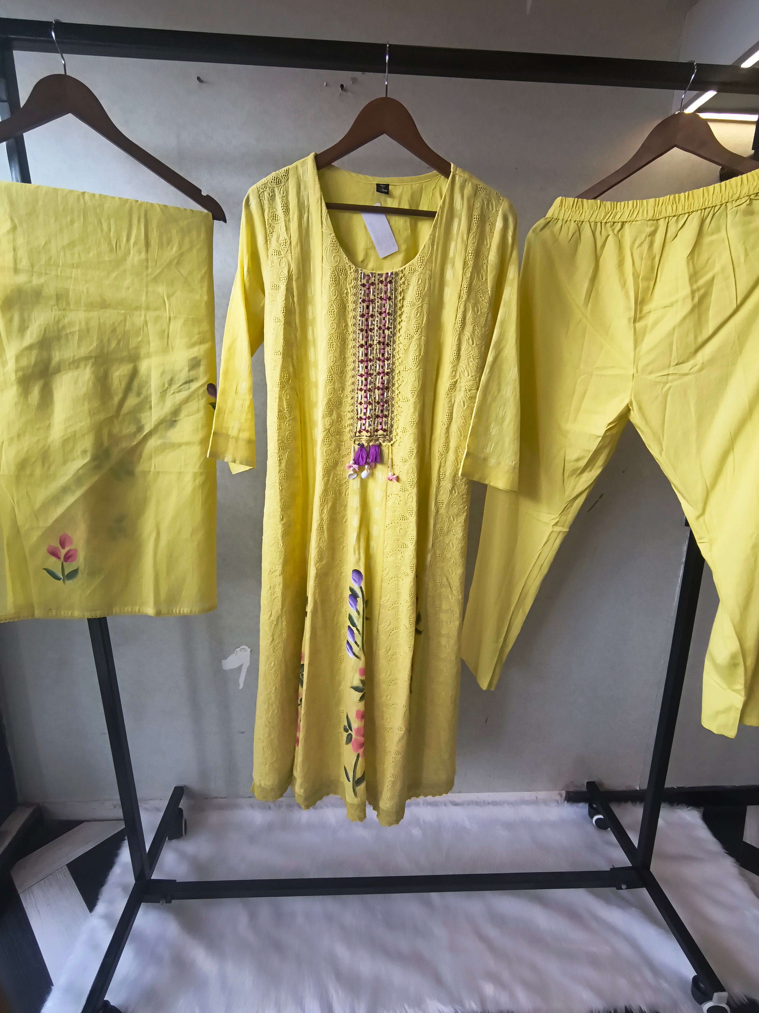 Image of Premium Sunshine Yellow Schiffli Embroidered Kurta Set with Floral Handwork & Dupatta