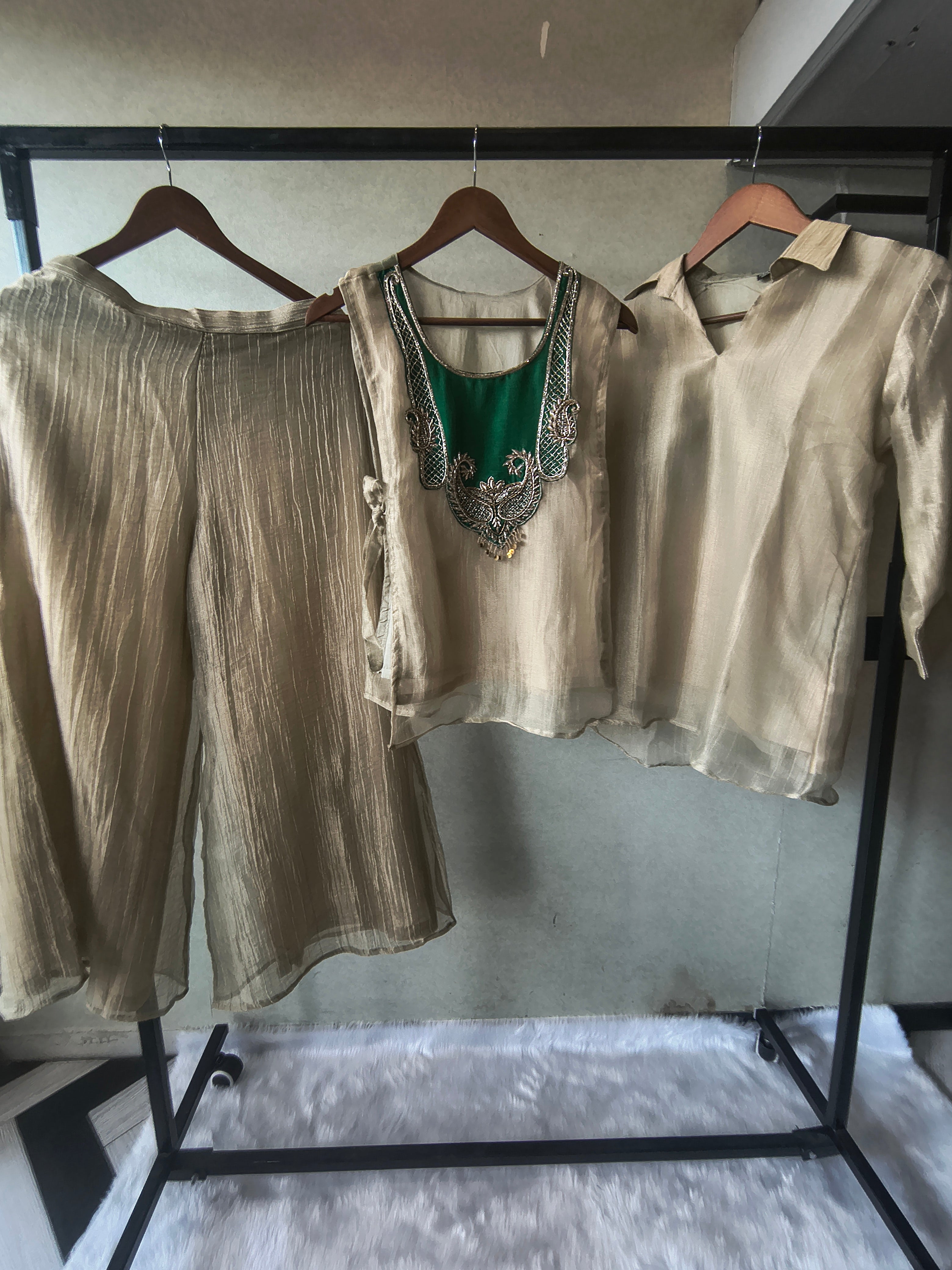 Image of Premium Champagne Gold Tissue Silk 3-Piece Co-Ord Set with Emerald Hand Embellished Jacket, Inner & Palazzo