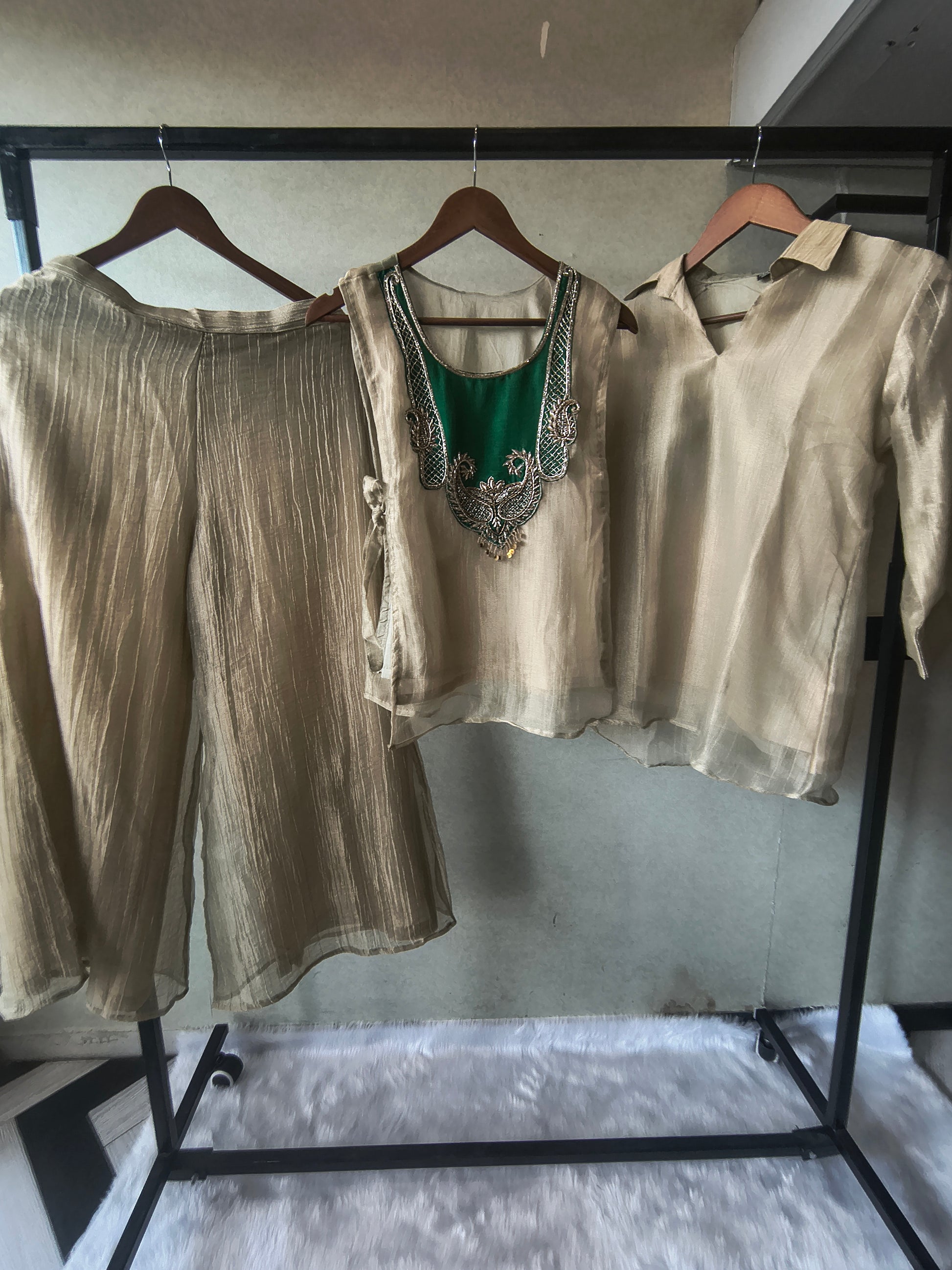 Premium Champagne Gold Tissue Silk 3-Piece Co-Ord Set with Emerald Hand Embellished Jacket, Inner & Palazzo