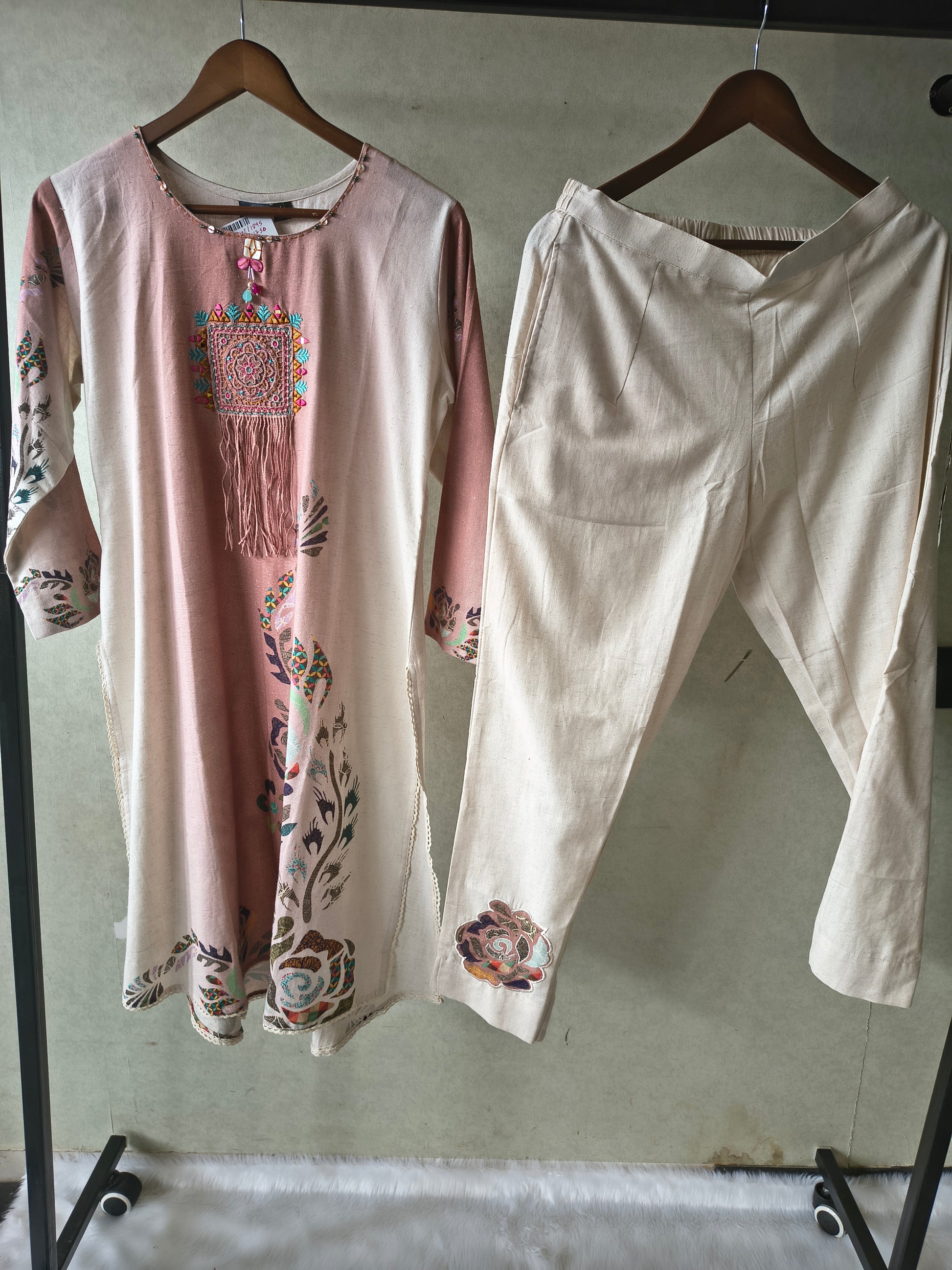 Premium Blush Pink Linen Blend Kurta Set with Handcrafted Embroidered Tassel Patch & Embroidered Pants