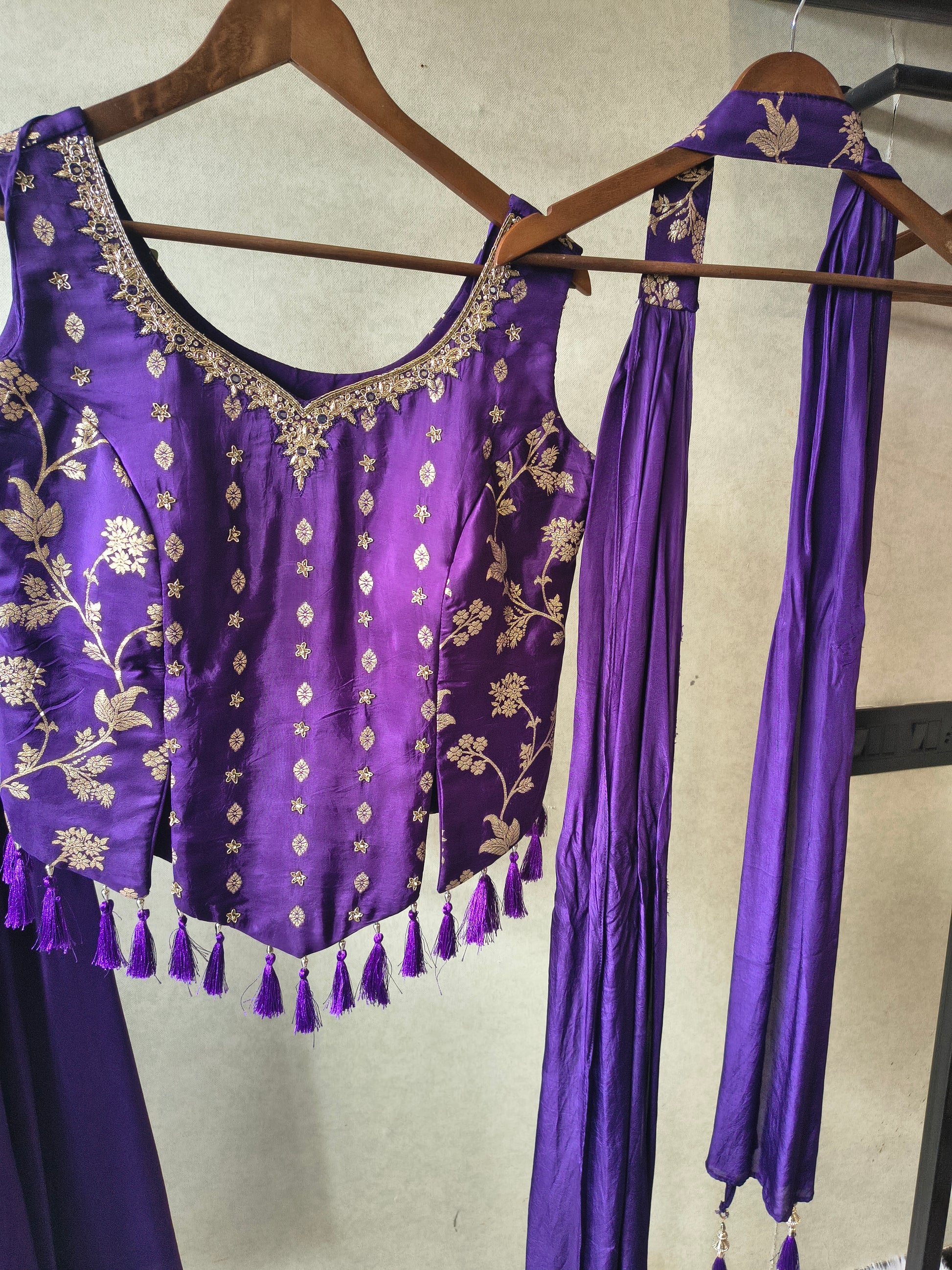 Premium Royal Purple 3-Piece Designer Lehenga Set with Zari Embroidered Peplum Blouse & Dupatta