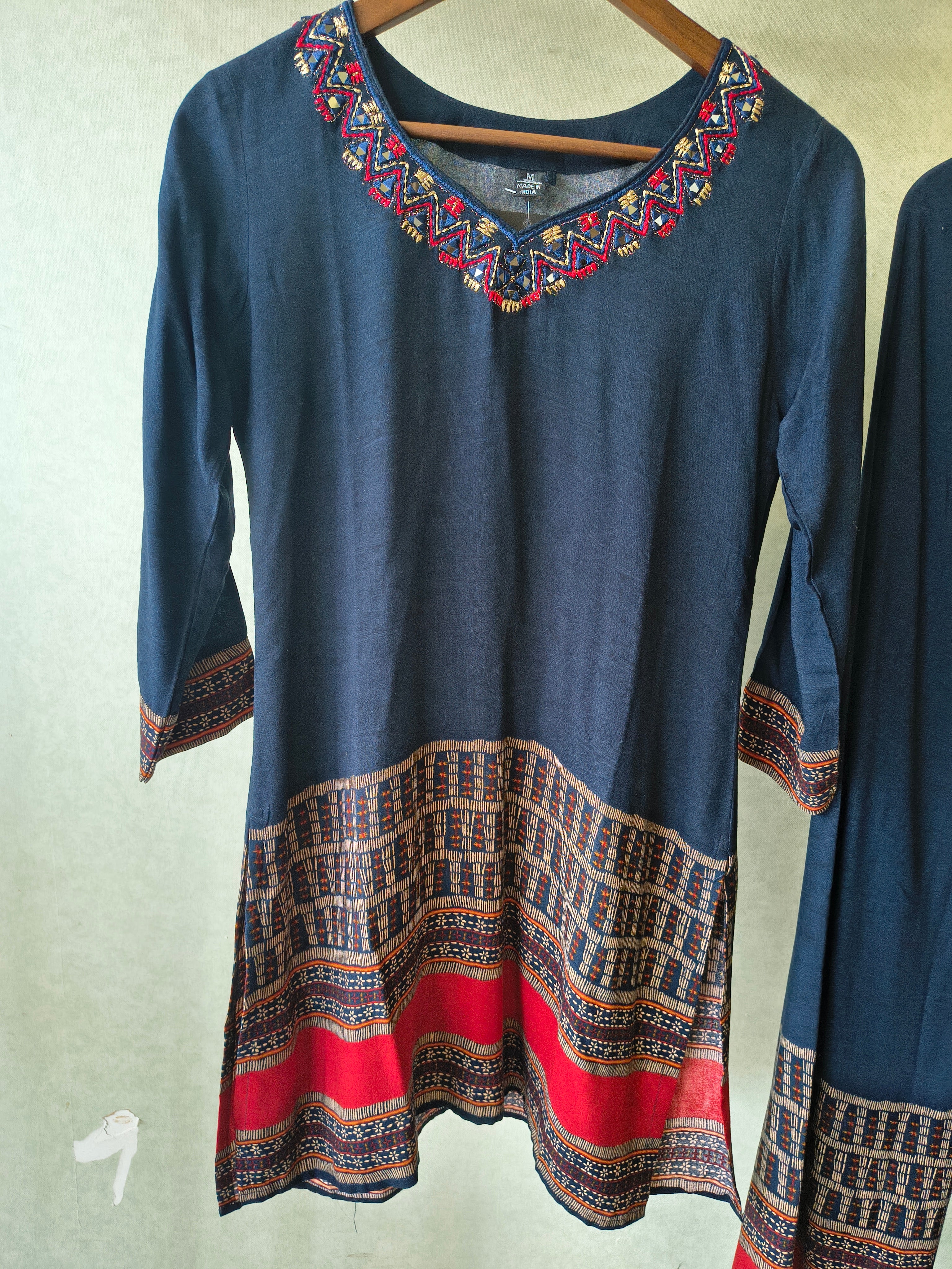 Image of Navy Blue Ethnic Border Designer Co-Ord Set with Embroidered Neckline