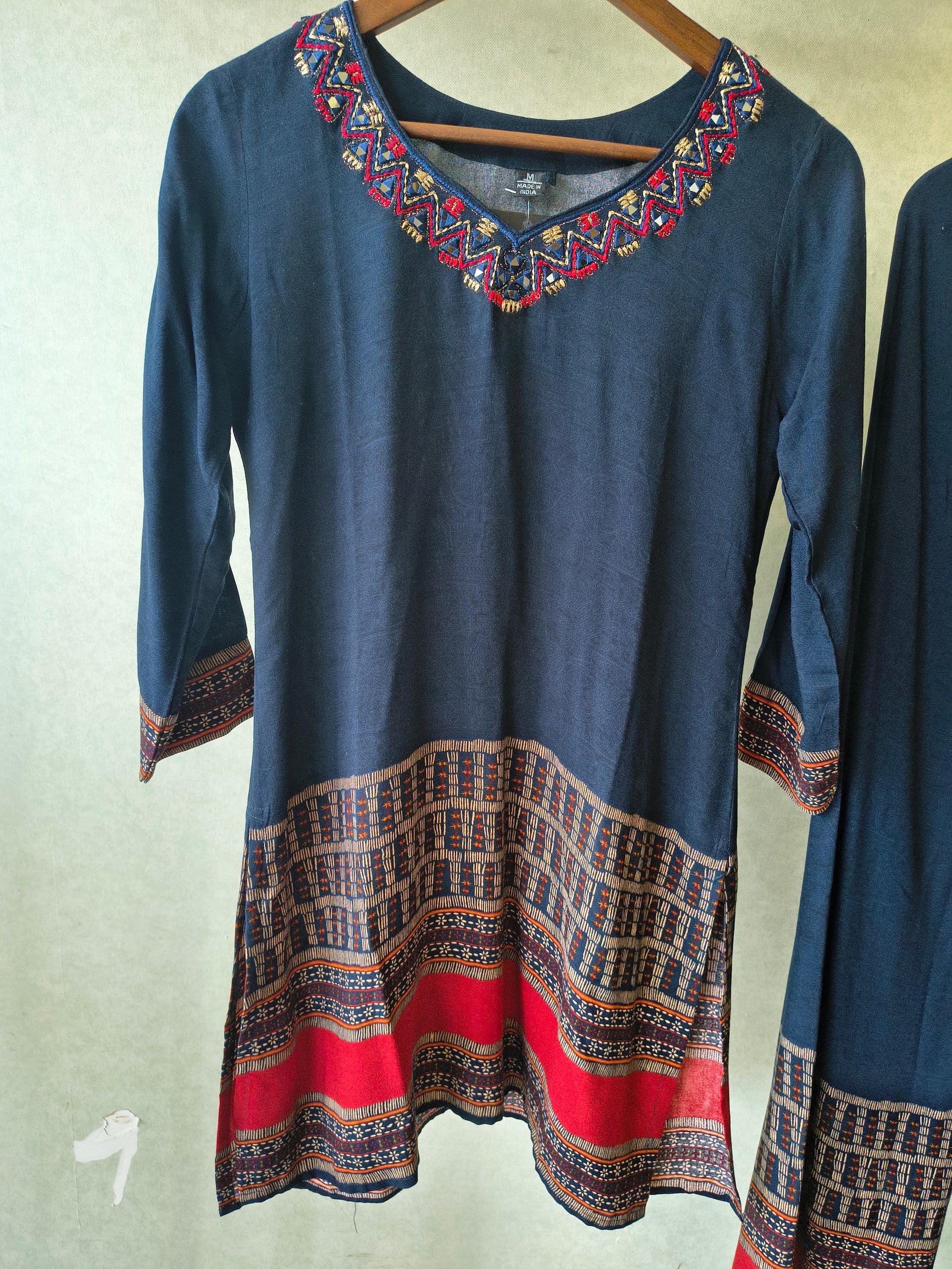 Navy Blue Ethnic Border Designer Co-Ord Set with Embroidered Neckline