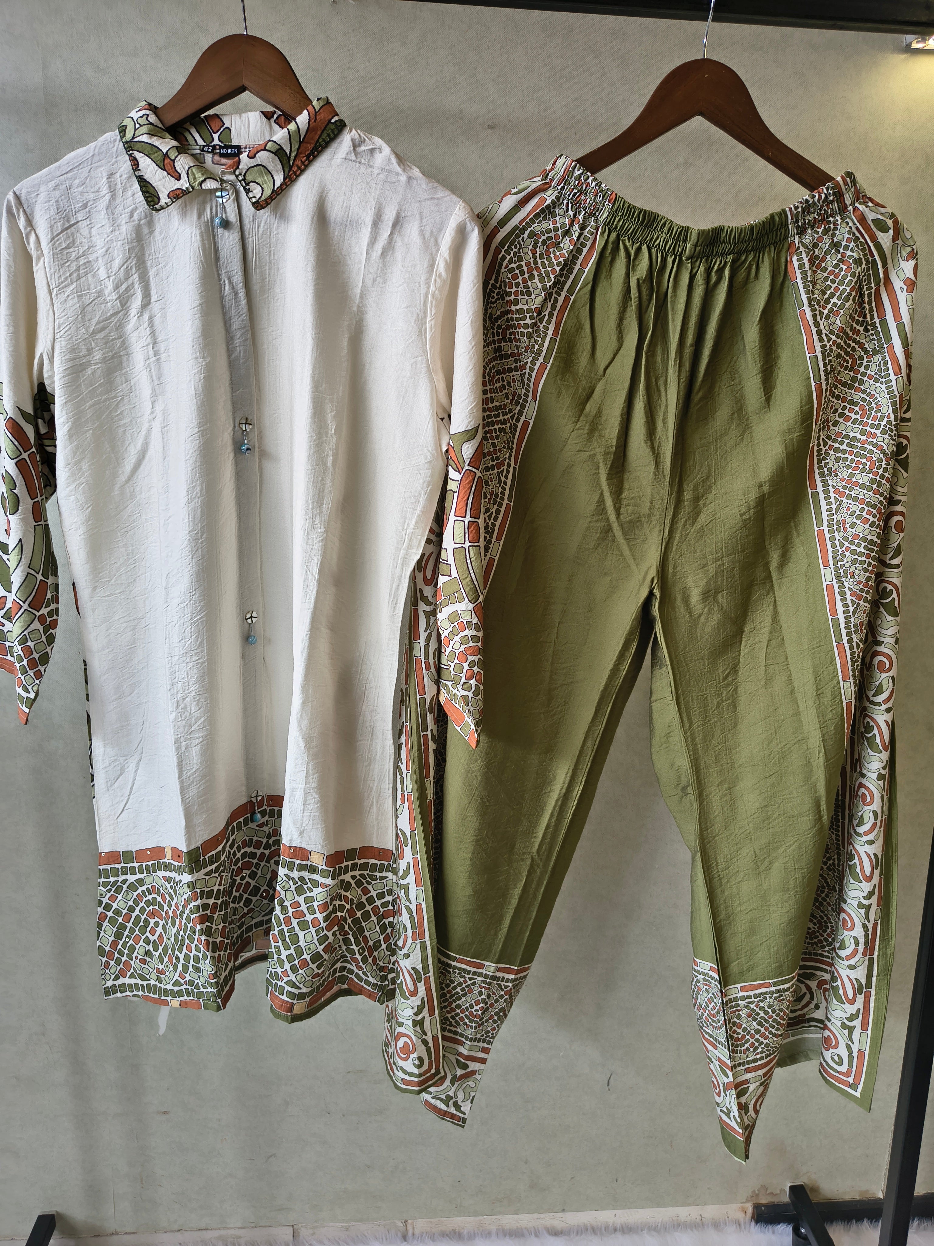 Image of Premium Ivory Printed Cotton Kurta with Olive Pants & Printed Dupatta Set