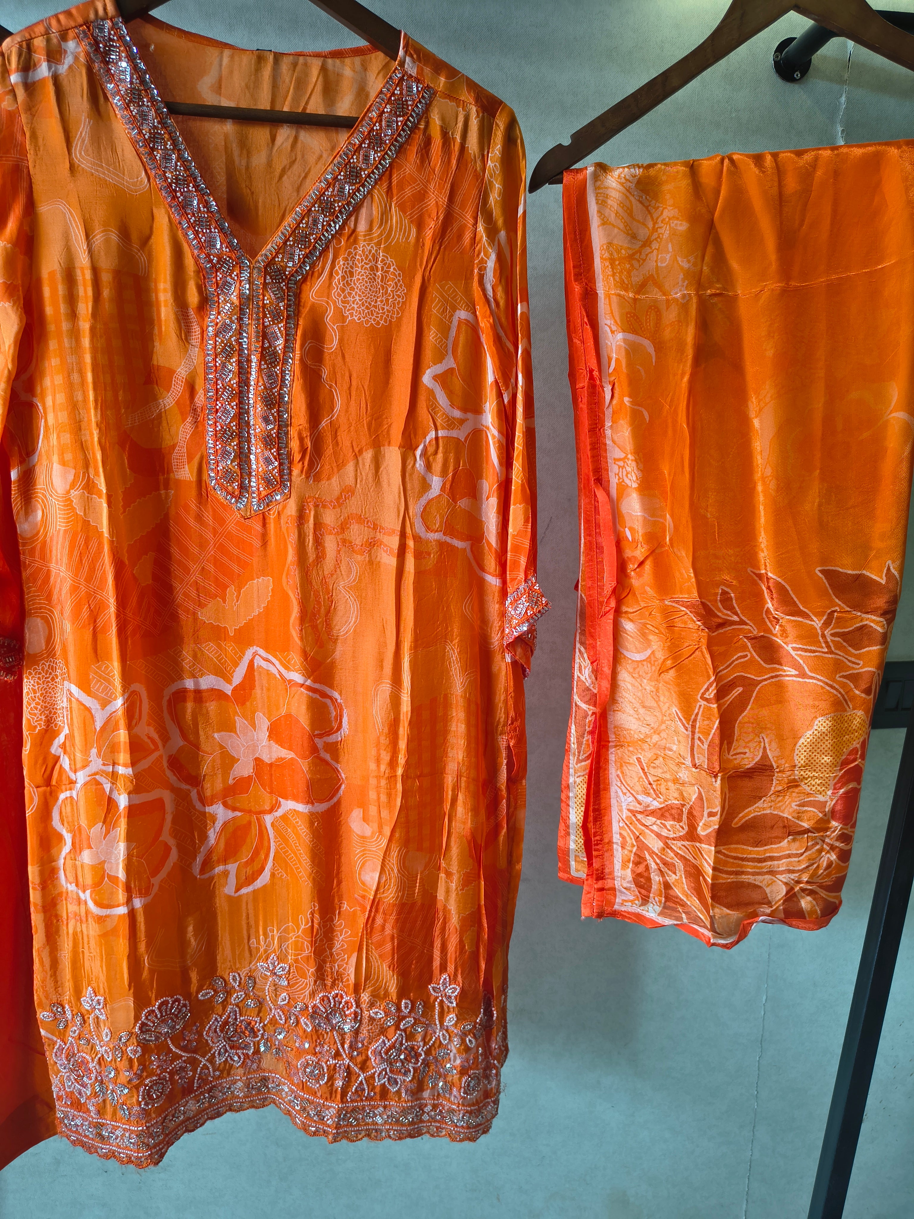 Image of Burnt Orange Printed Silk Blend Kurta Set with Embellished Neckline & Floral Border – Premium 3 Piece Ethnic Ensemble
