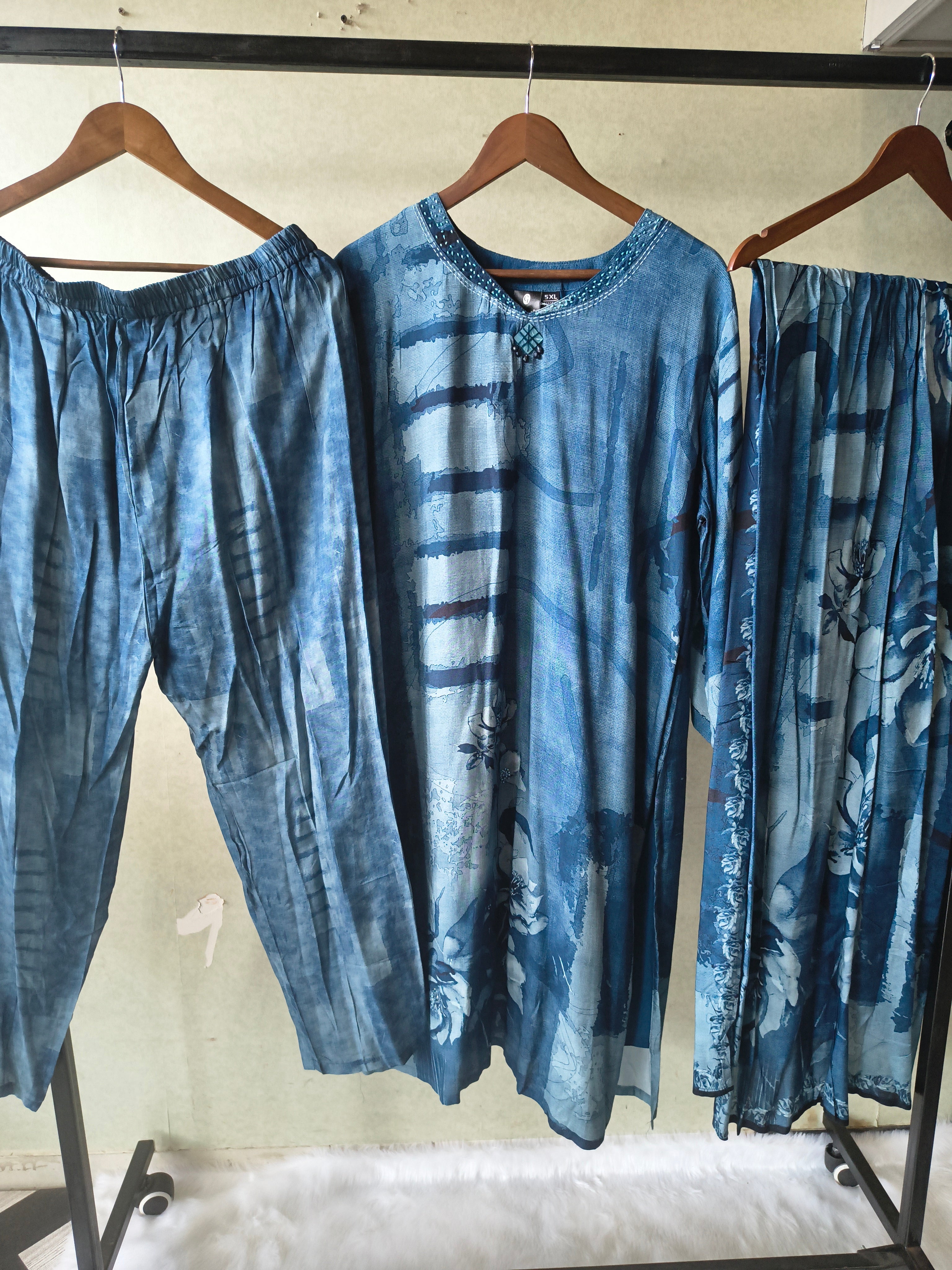Image of Premium Teal Blue Abstract Printed Kurta Set with Pants & Dupatta
