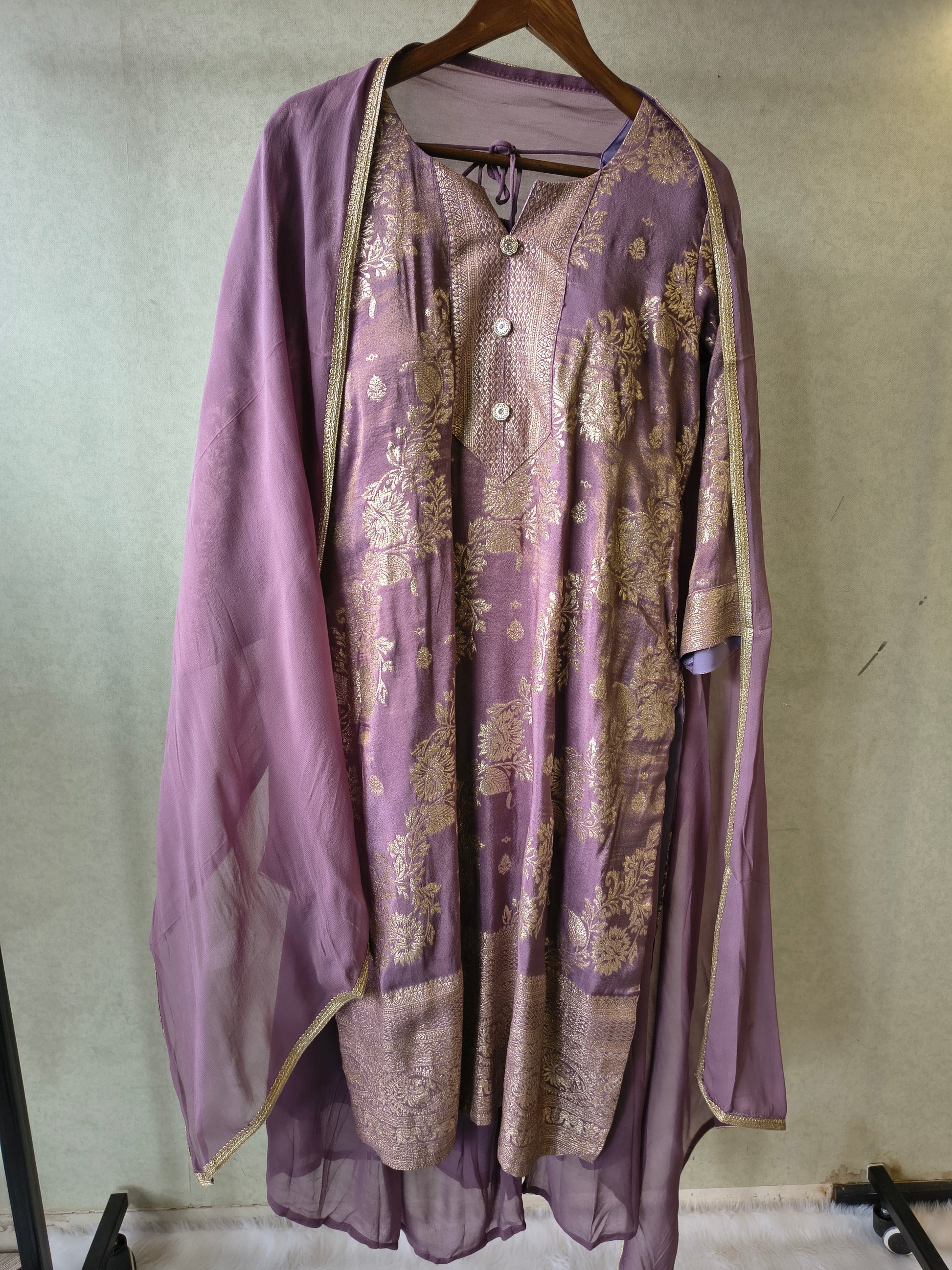 Premium Lavender Jacquard Straight Kurta with Georgette Sharara & Dupatta Set